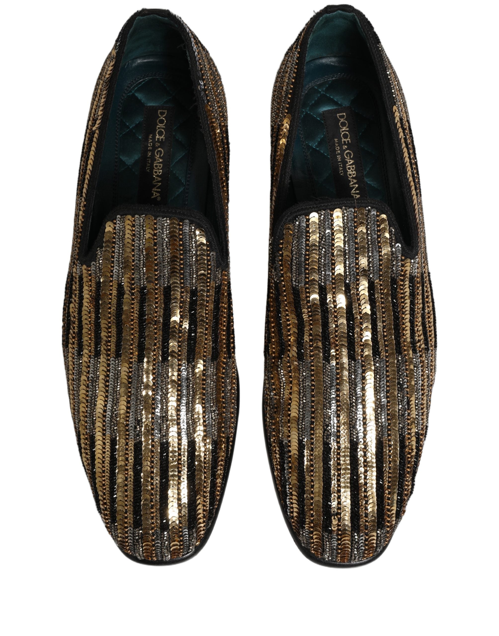 Dolce & Gabbana Gold Striped Sequin Embellished Loafer Men's Shoes