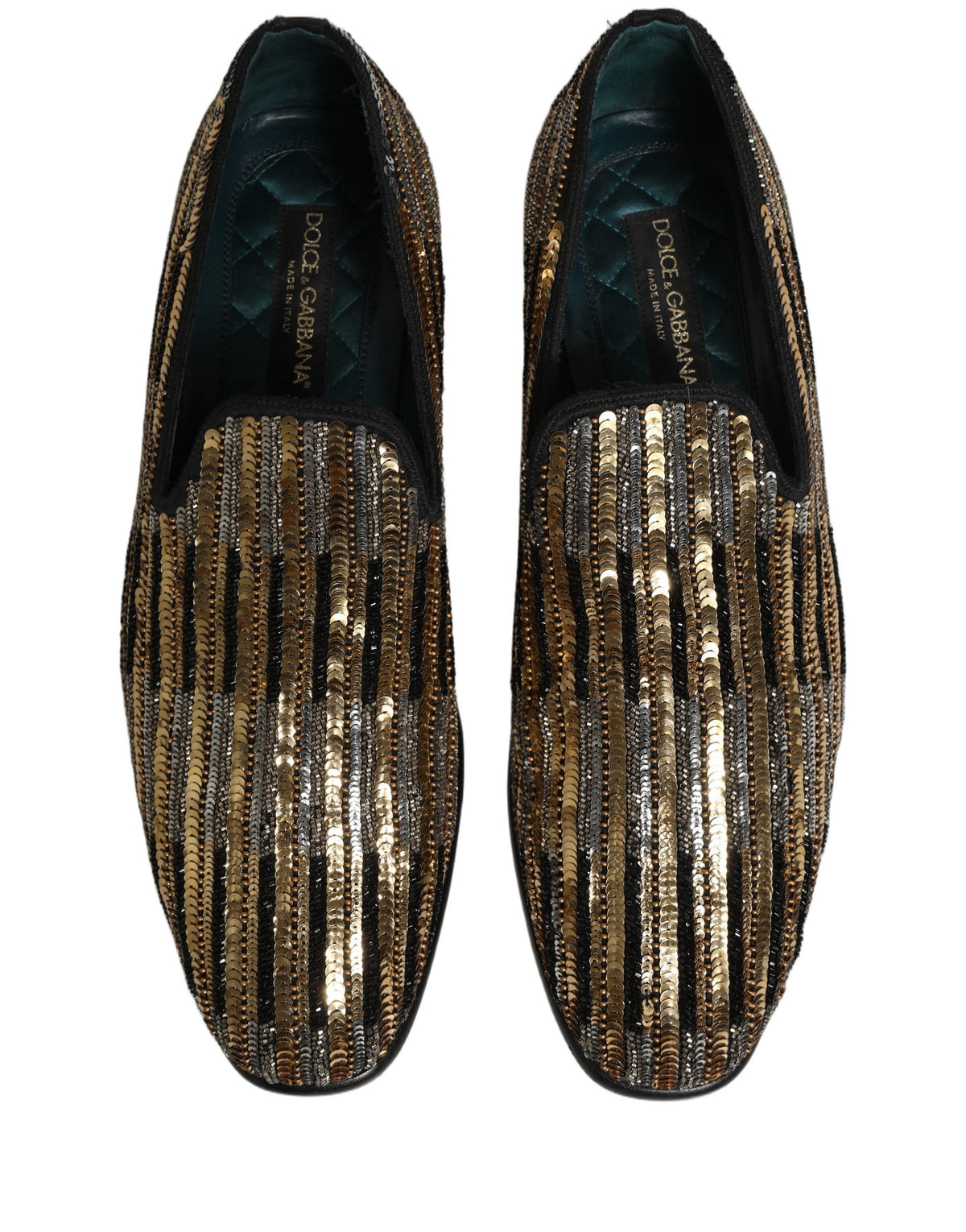 Dolce & Gabbana Gold Striped Sequin Embellished Loafer Men's Shoes