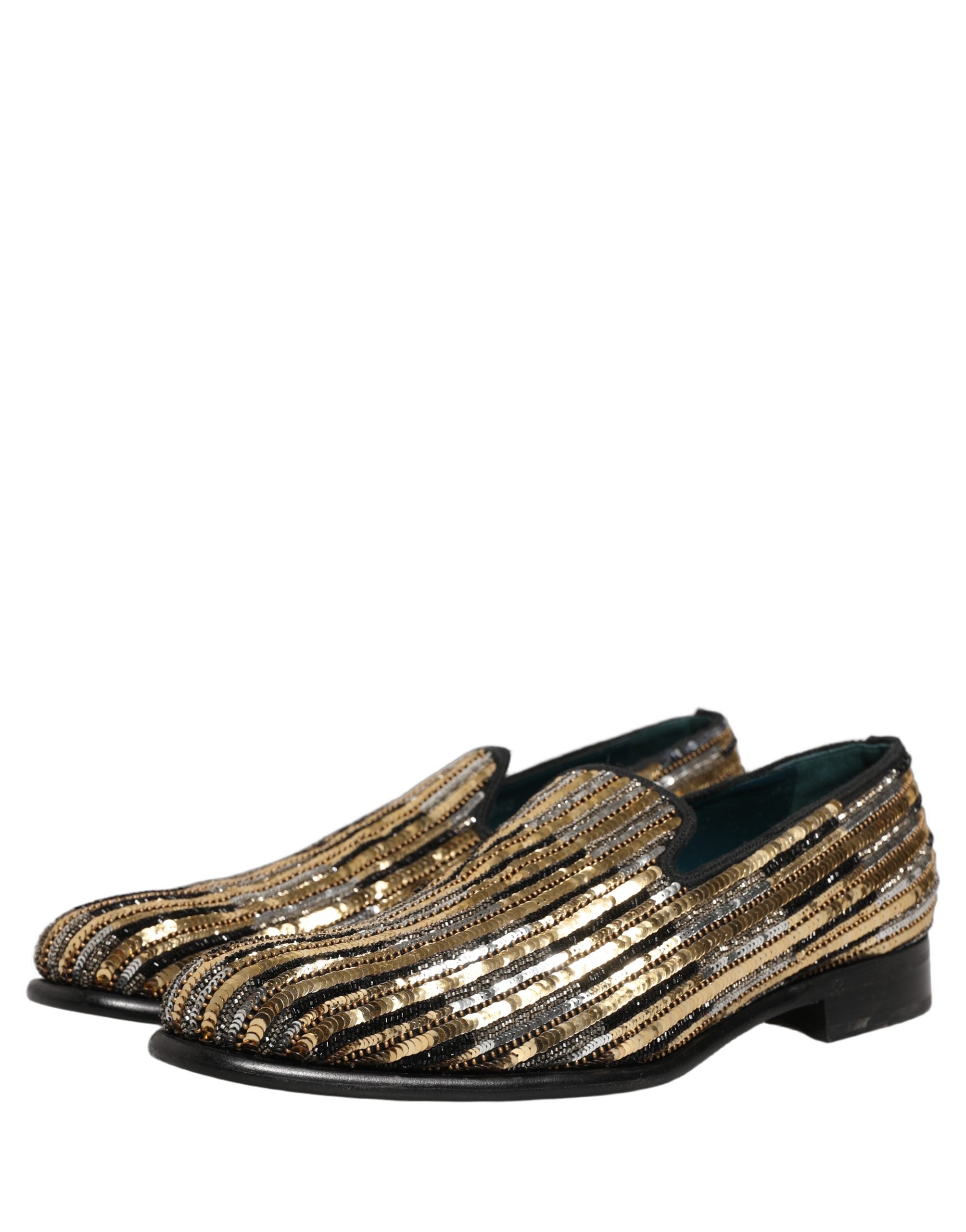 Dolce & Gabbana Gold Striped Sequin Embellished Loafer Men's Shoes