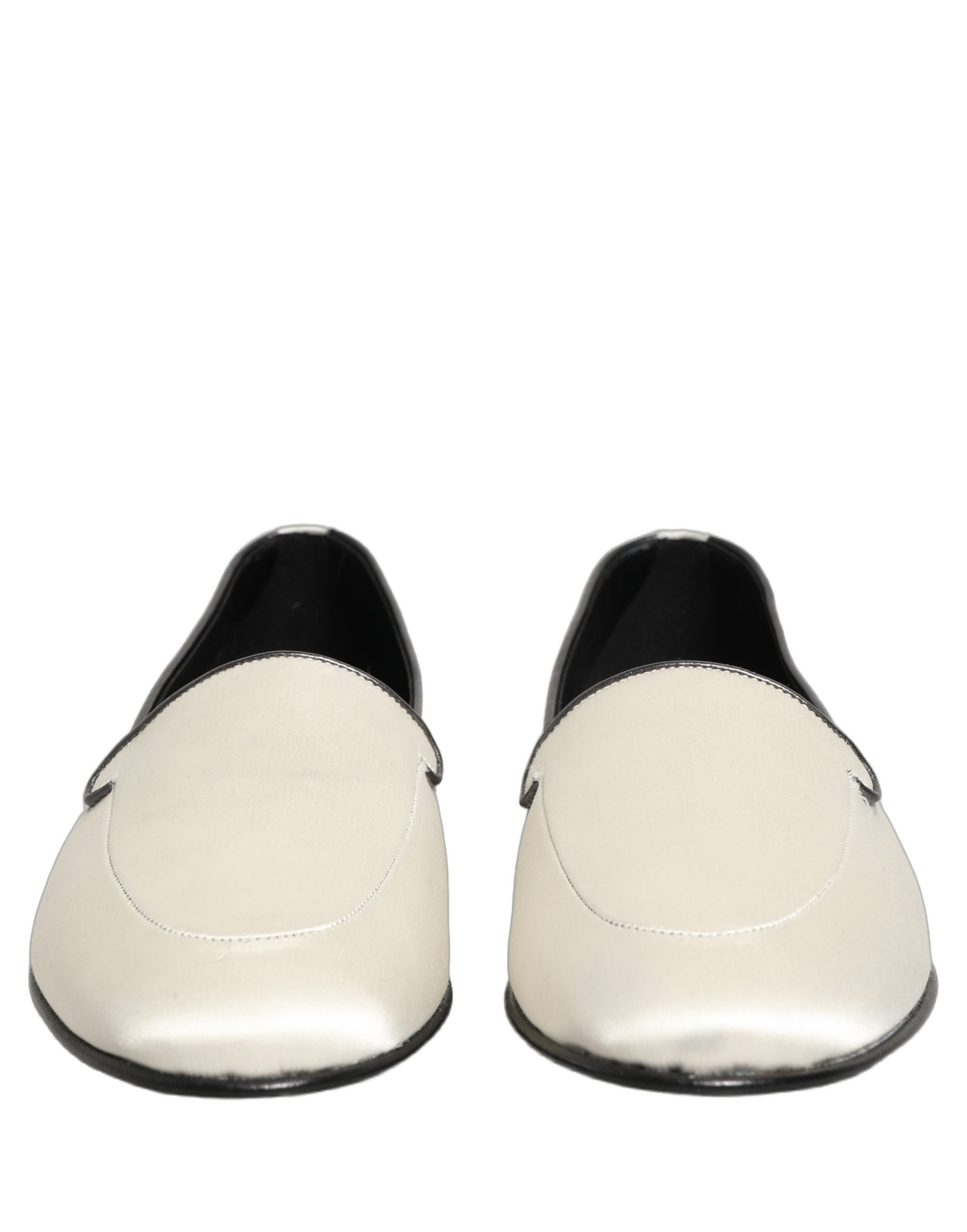 Dolce & Gabbana White Satin Logo Slip On Flats Loafers Men's Shoes