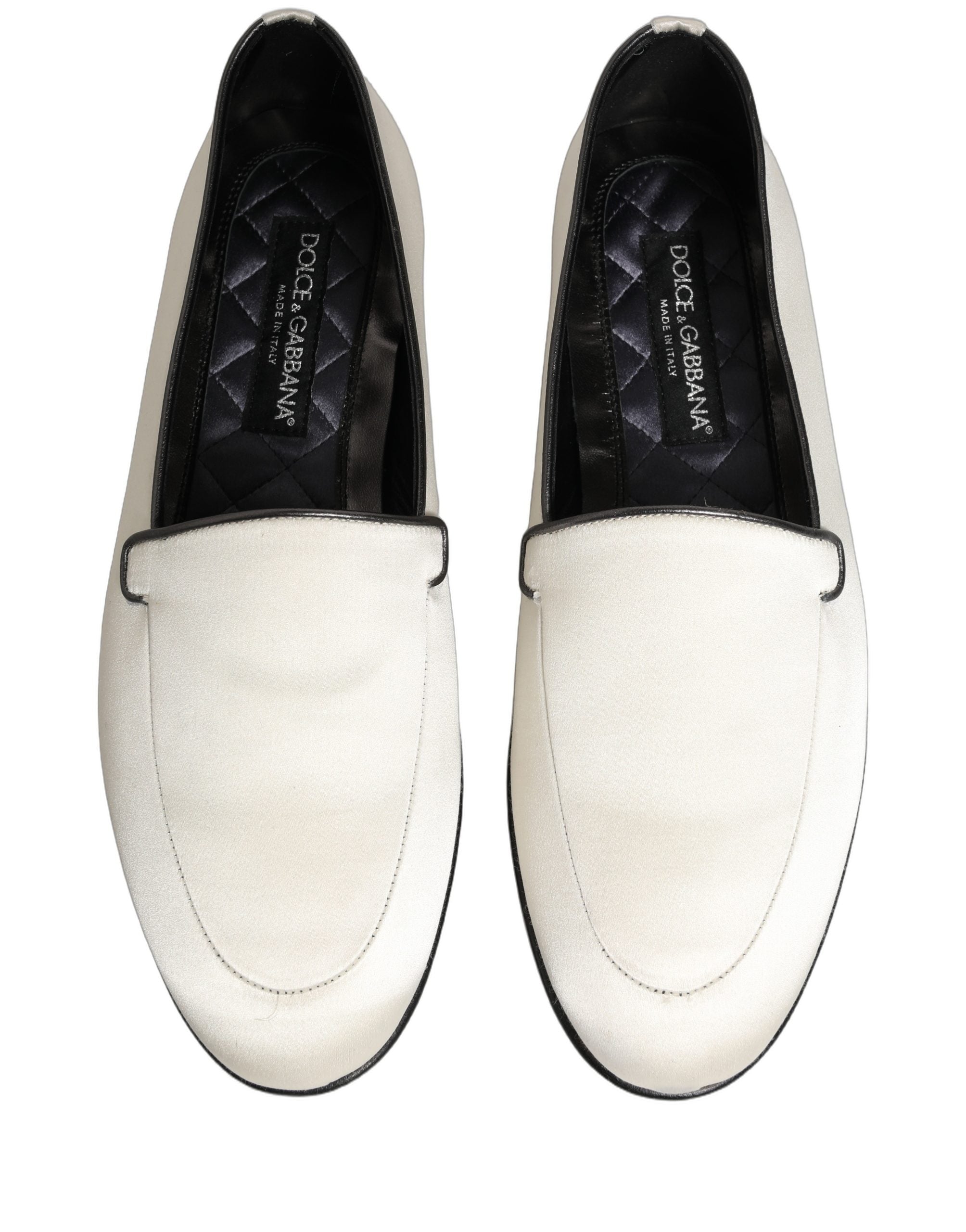 Dolce & Gabbana White Satin Logo Slip On Flats Loafers Men's Shoes