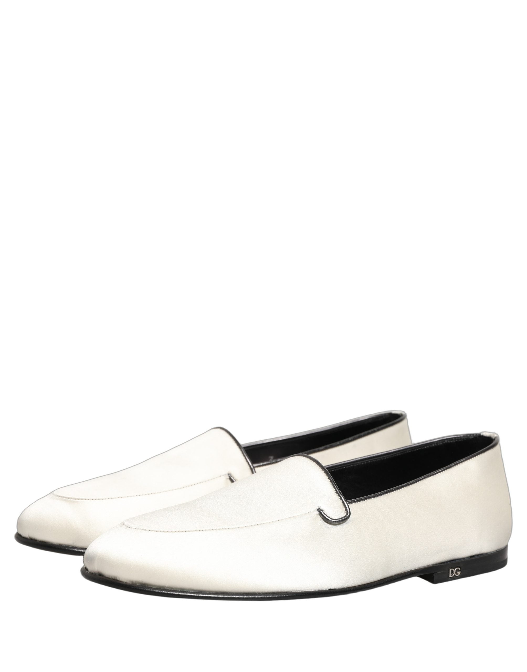Dolce & Gabbana White Satin Logo Slip On Flats Loafers Men's Shoes
