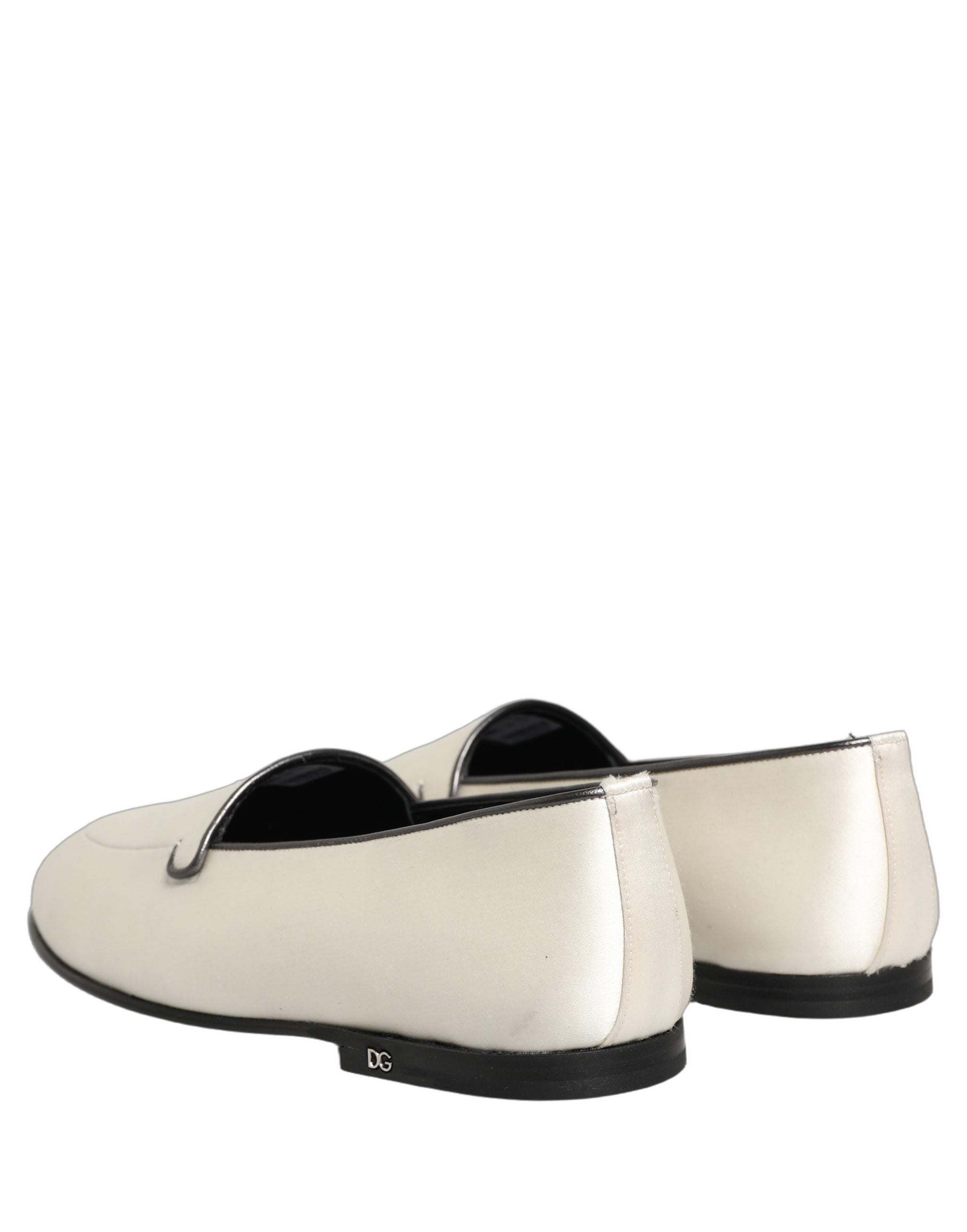 Dolce & Gabbana White Satin Logo Slip On Flats Loafers Men's Shoes