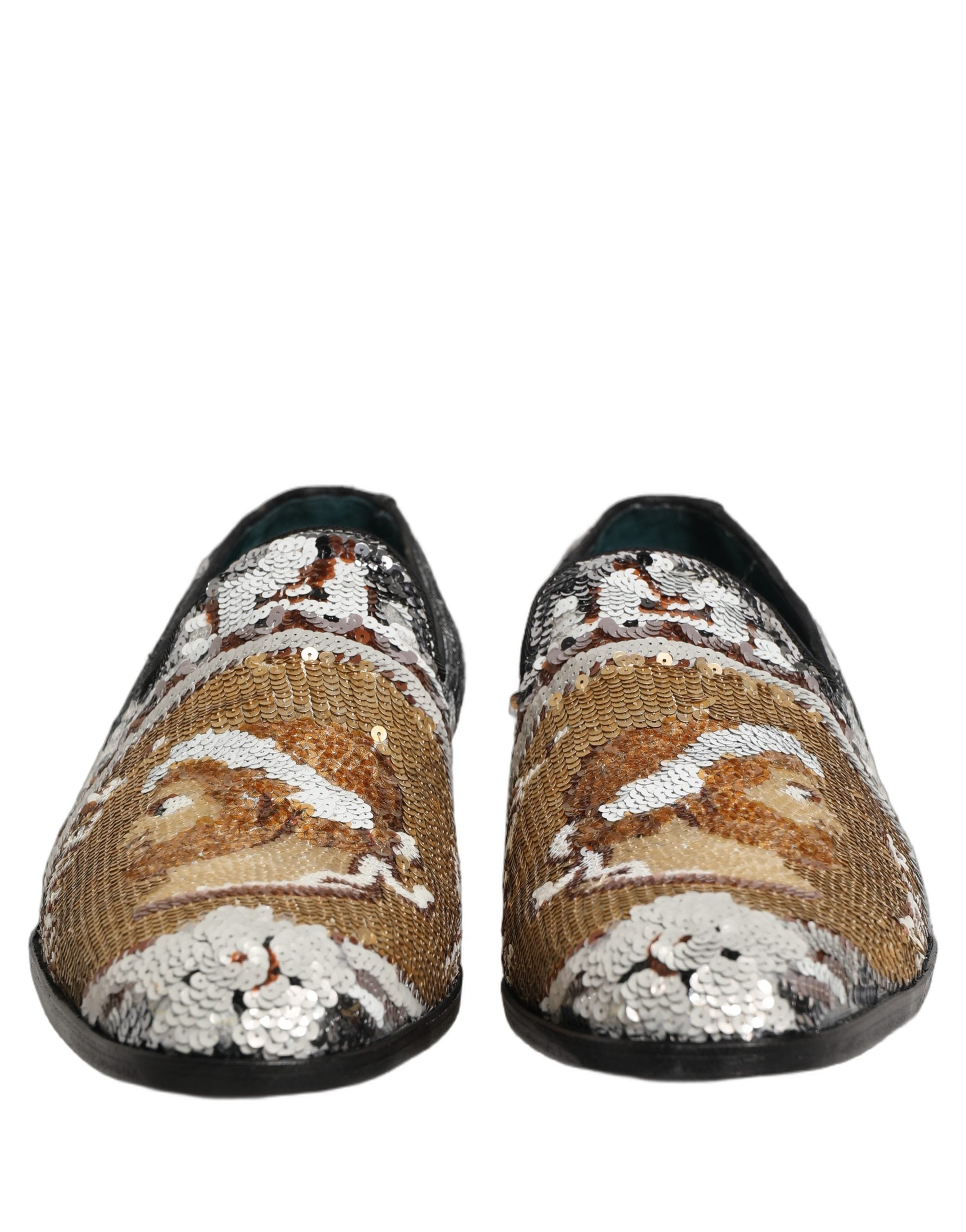Dolce & Gabbana White Gold Sequined Slip On Loafers Men's Shoes