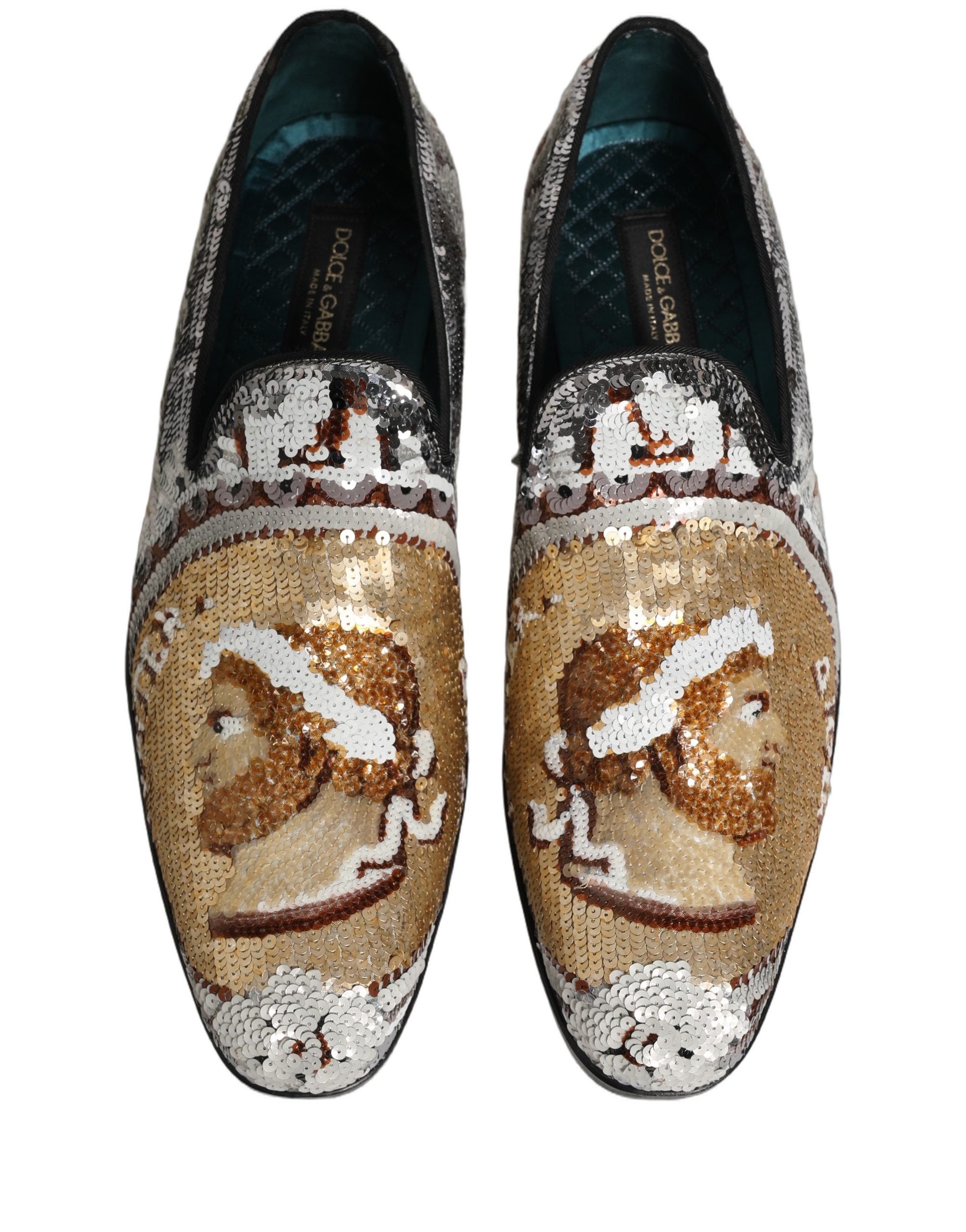 Dolce & Gabbana White Gold Sequined Slip On Loafers Men's Shoes
