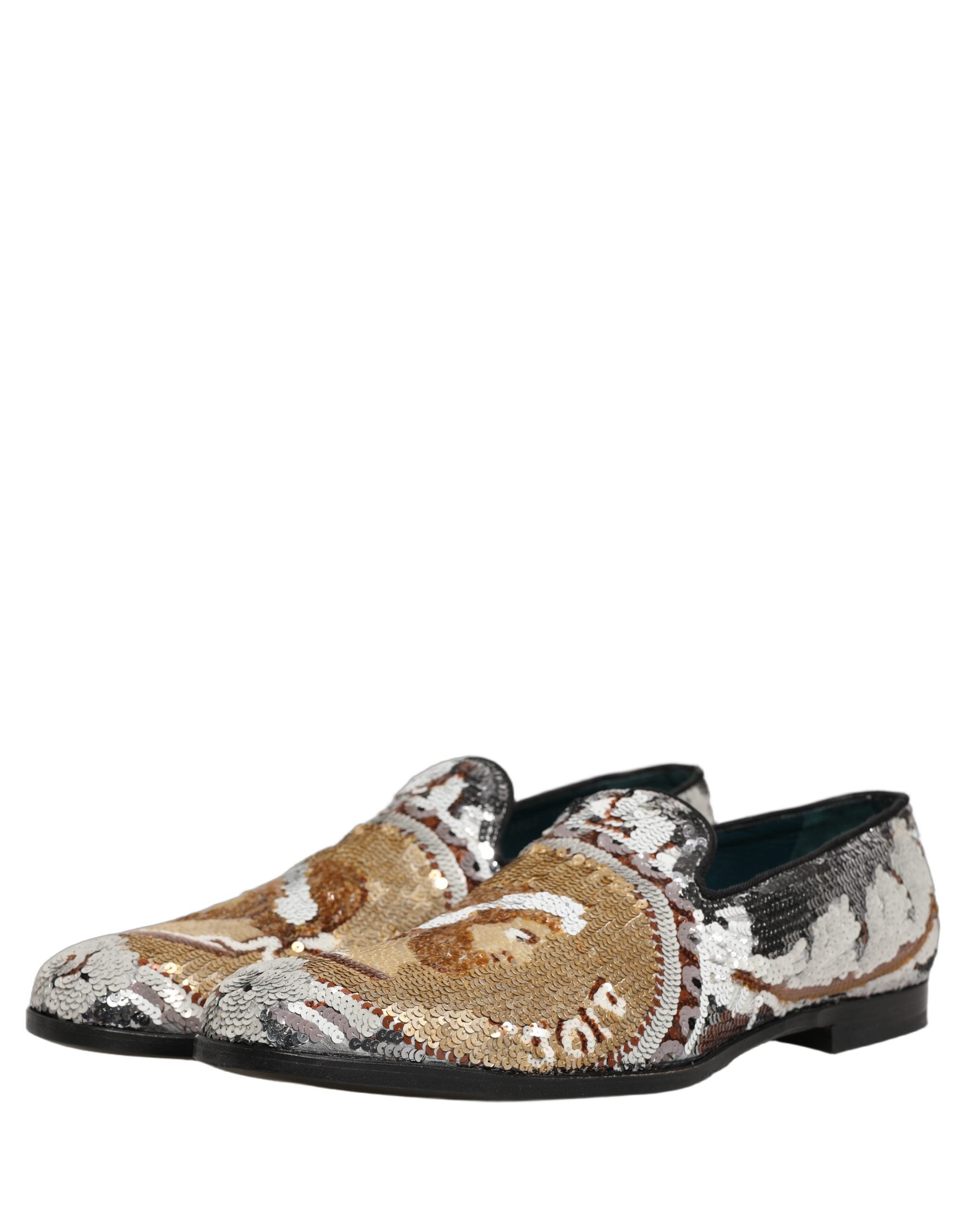 Dolce & Gabbana White Gold Sequined Slip On Loafers Men's Shoes