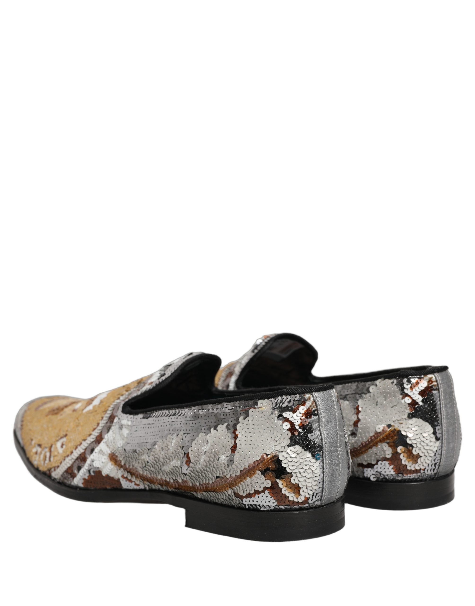 Dolce & Gabbana White Gold Sequined Slip On Loafers Men's Shoes
