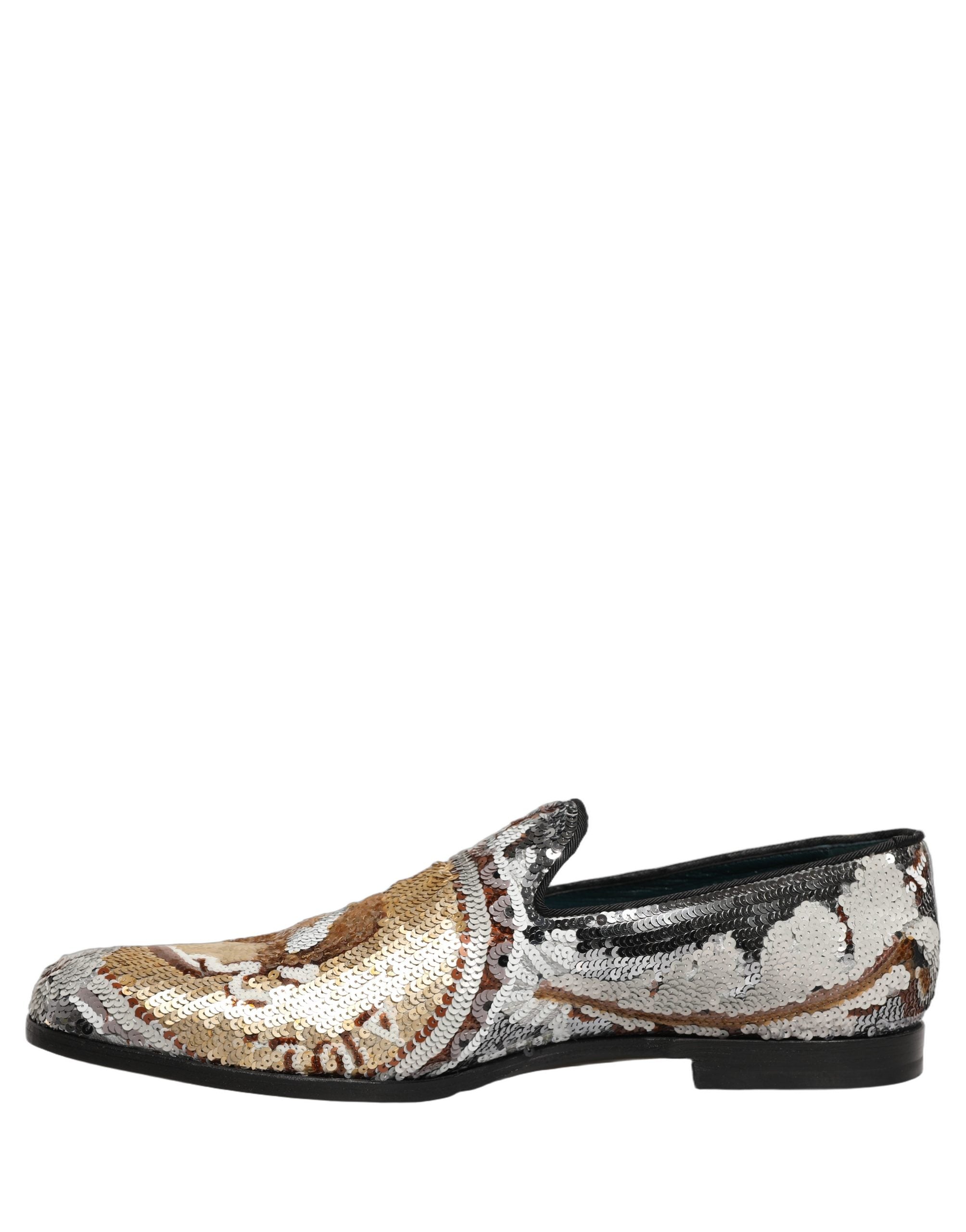 Dolce & Gabbana White Gold Sequined Slip On Loafers Men's Shoes