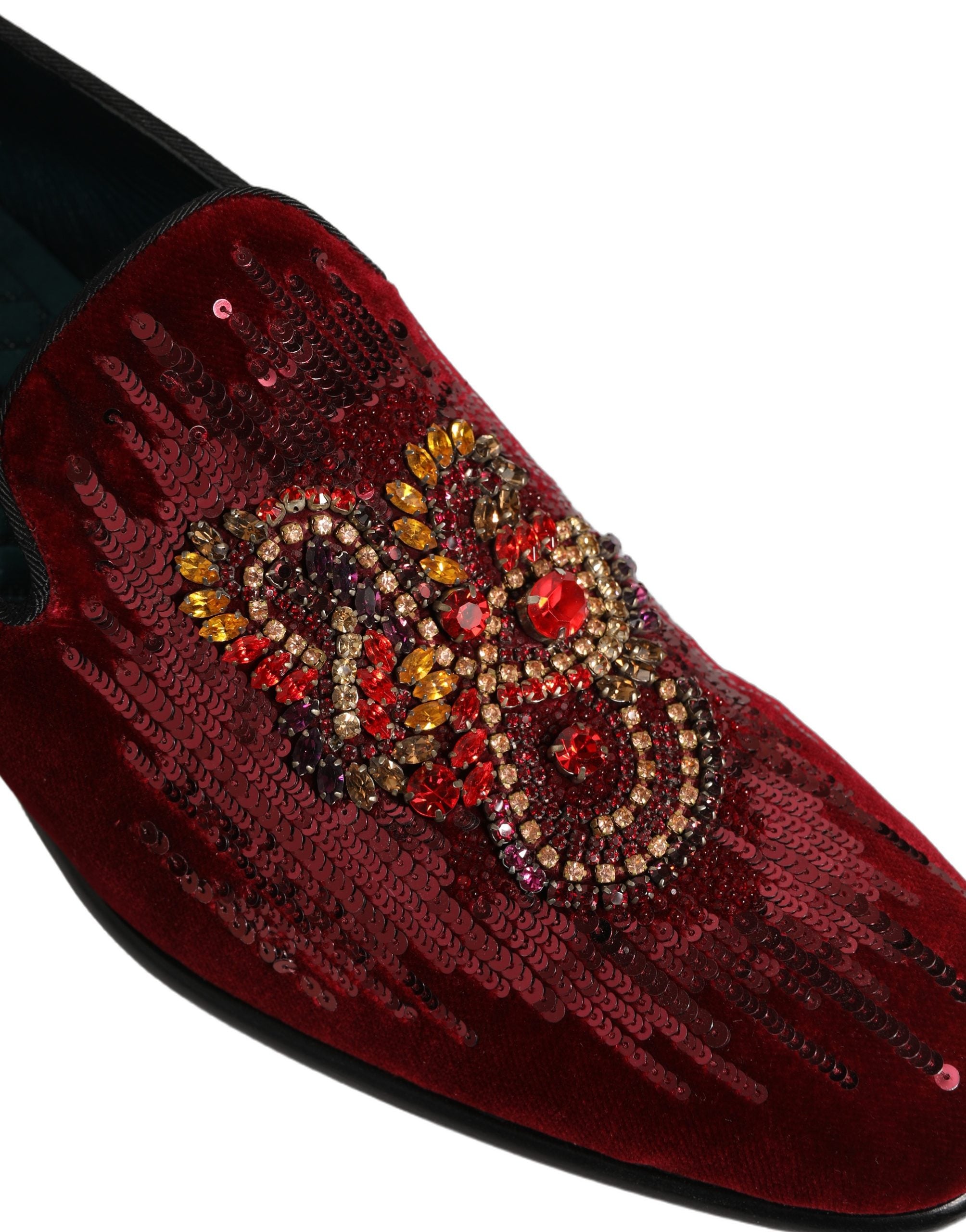 Dolce & Gabbana Maroon Sequin Gemstone Dress Loafers Men's Shoes