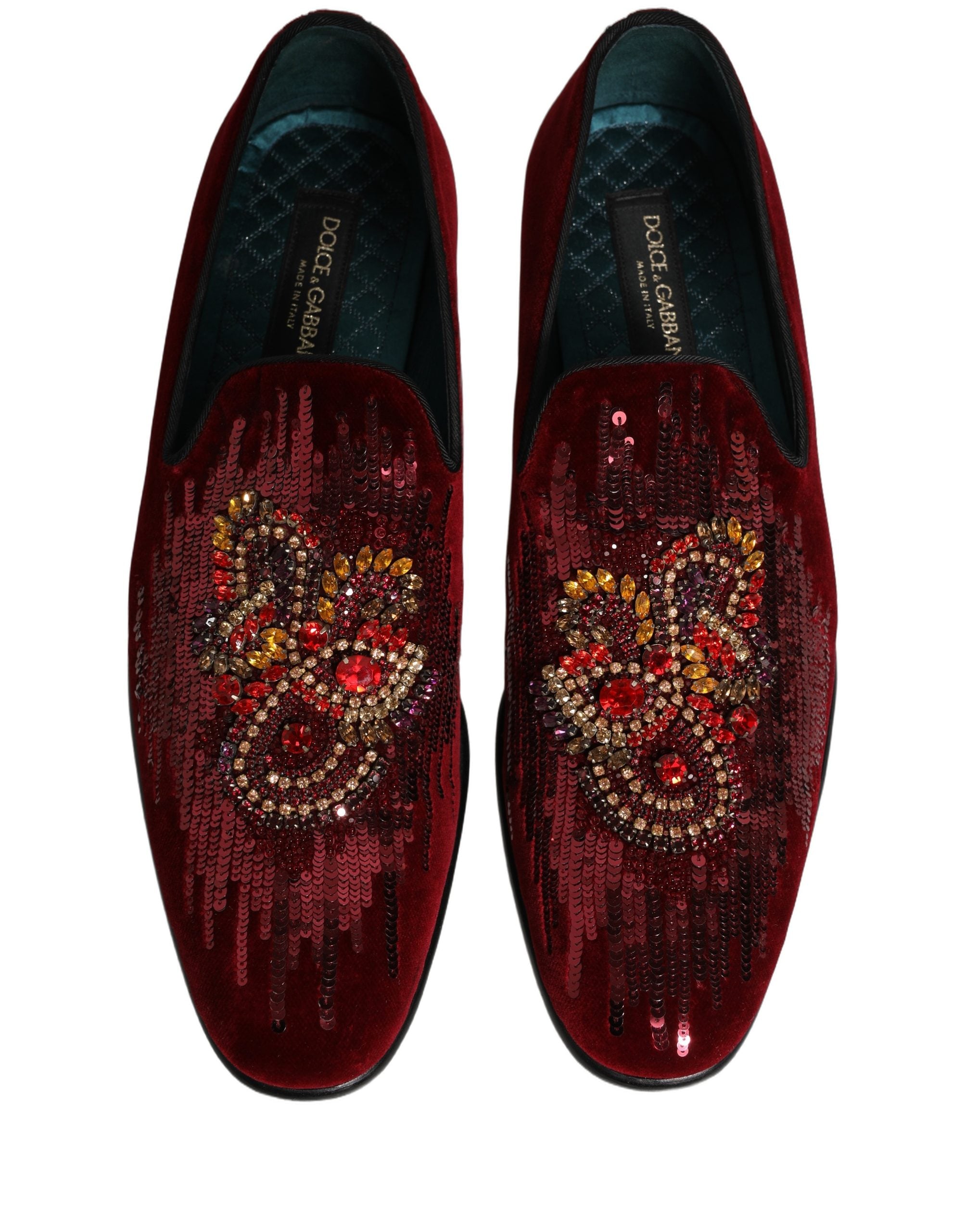 Dolce & Gabbana Maroon Sequin Gemstone Dress Loafers Men's Shoes