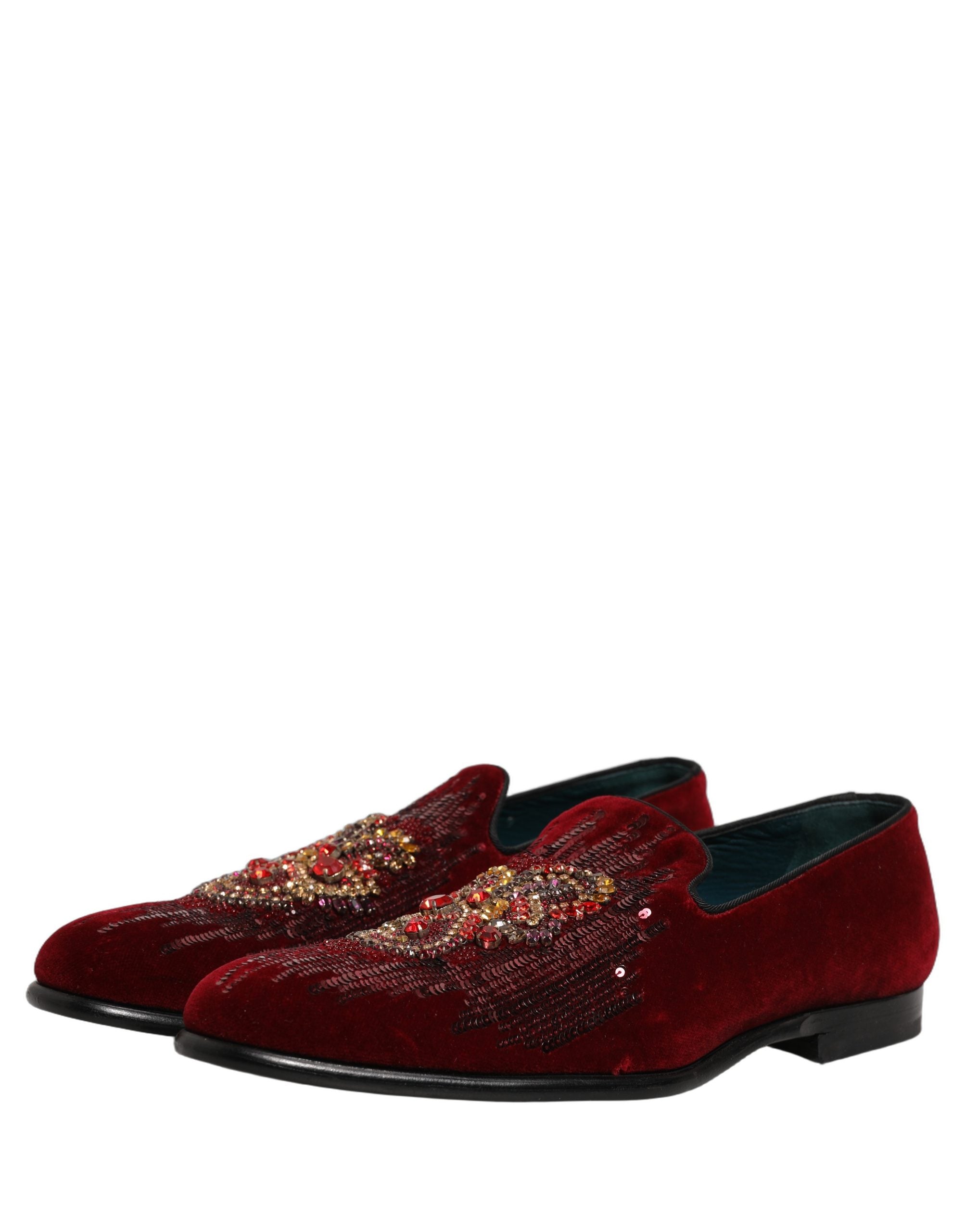 Dolce & Gabbana Maroon Sequin Gemstone Dress Loafers Men's Shoes