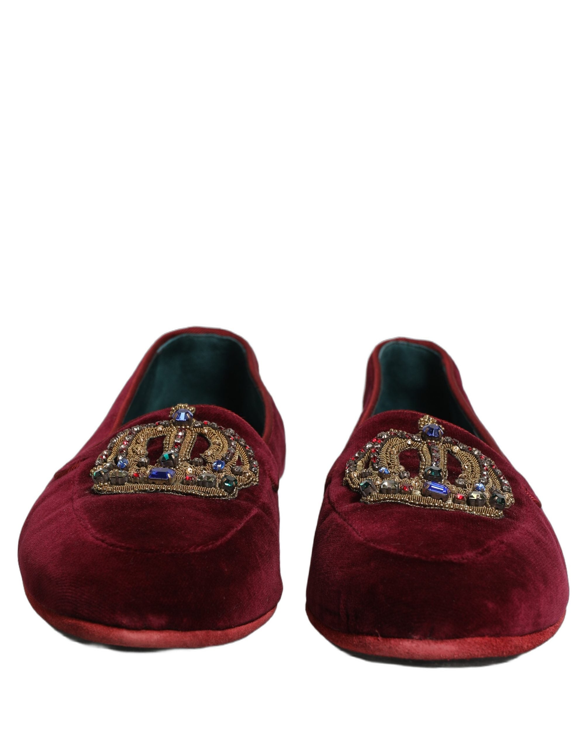 Dolce & Gabbana Burgundy Velvet Crown Slip On Loafers Men's Shoes