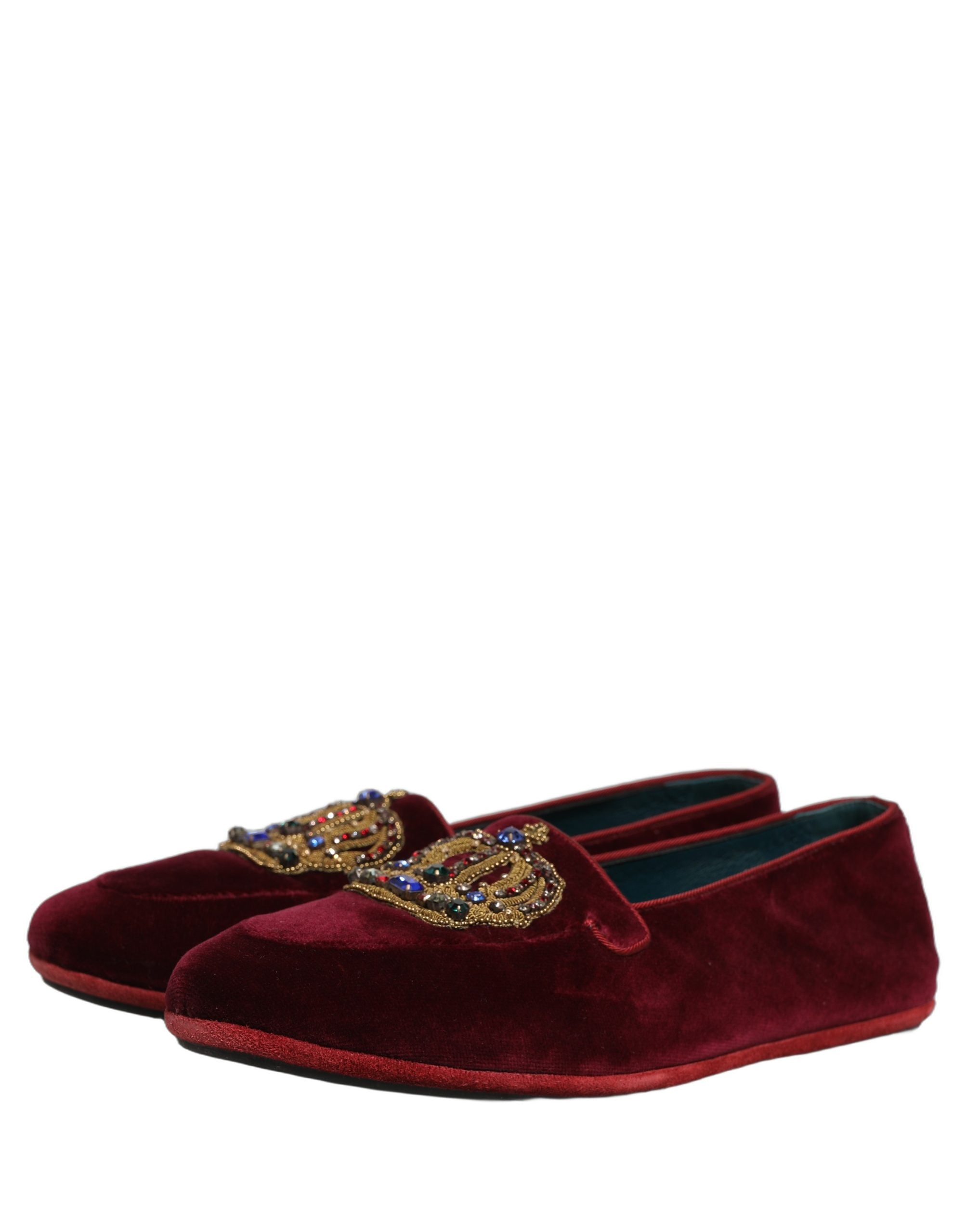 Dolce & Gabbana Burgundy Velvet Crown Slip On Loafers Men's Shoes