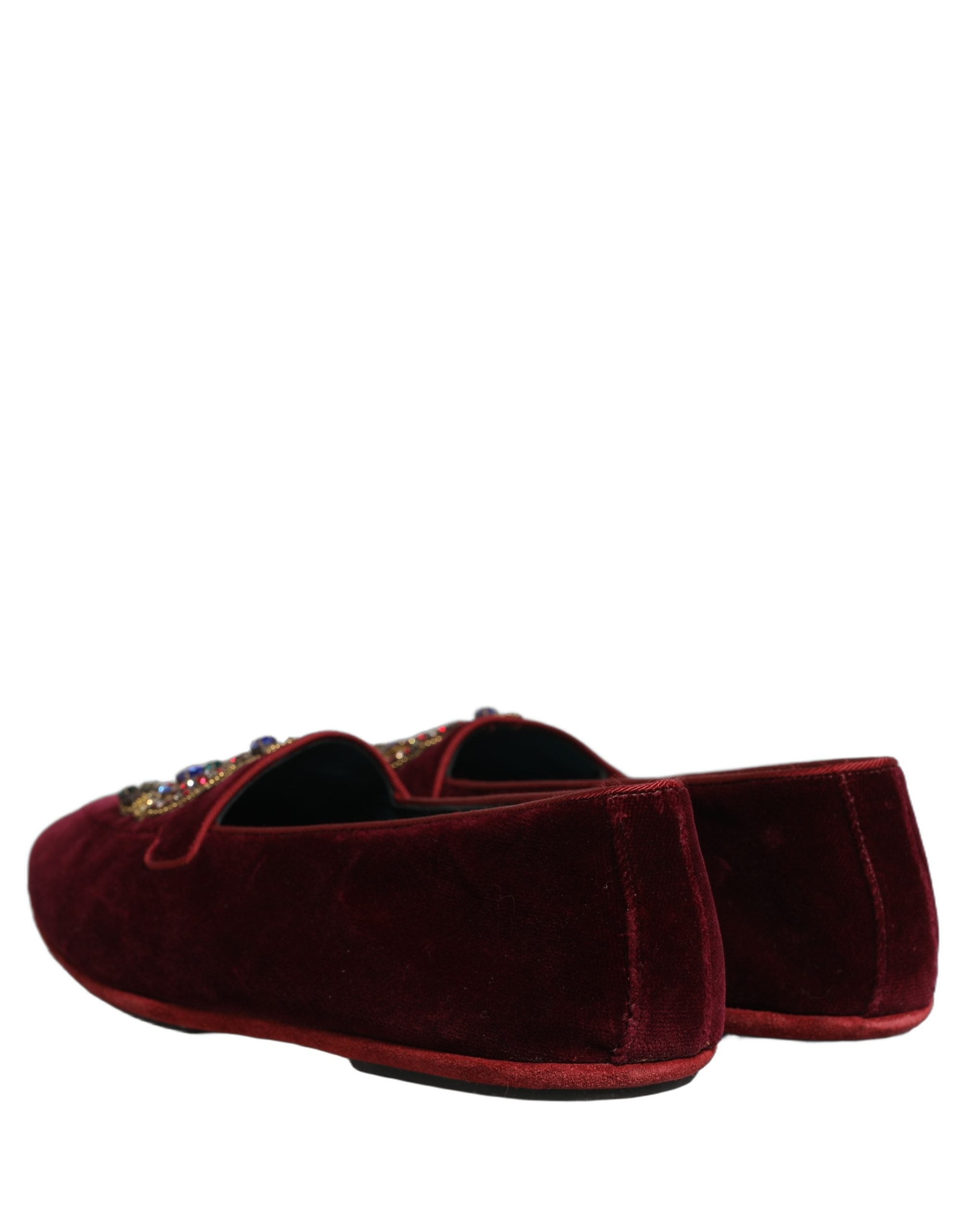 Dolce & Gabbana Burgundy Velvet Crown Slip On Loafers Men's Shoes
