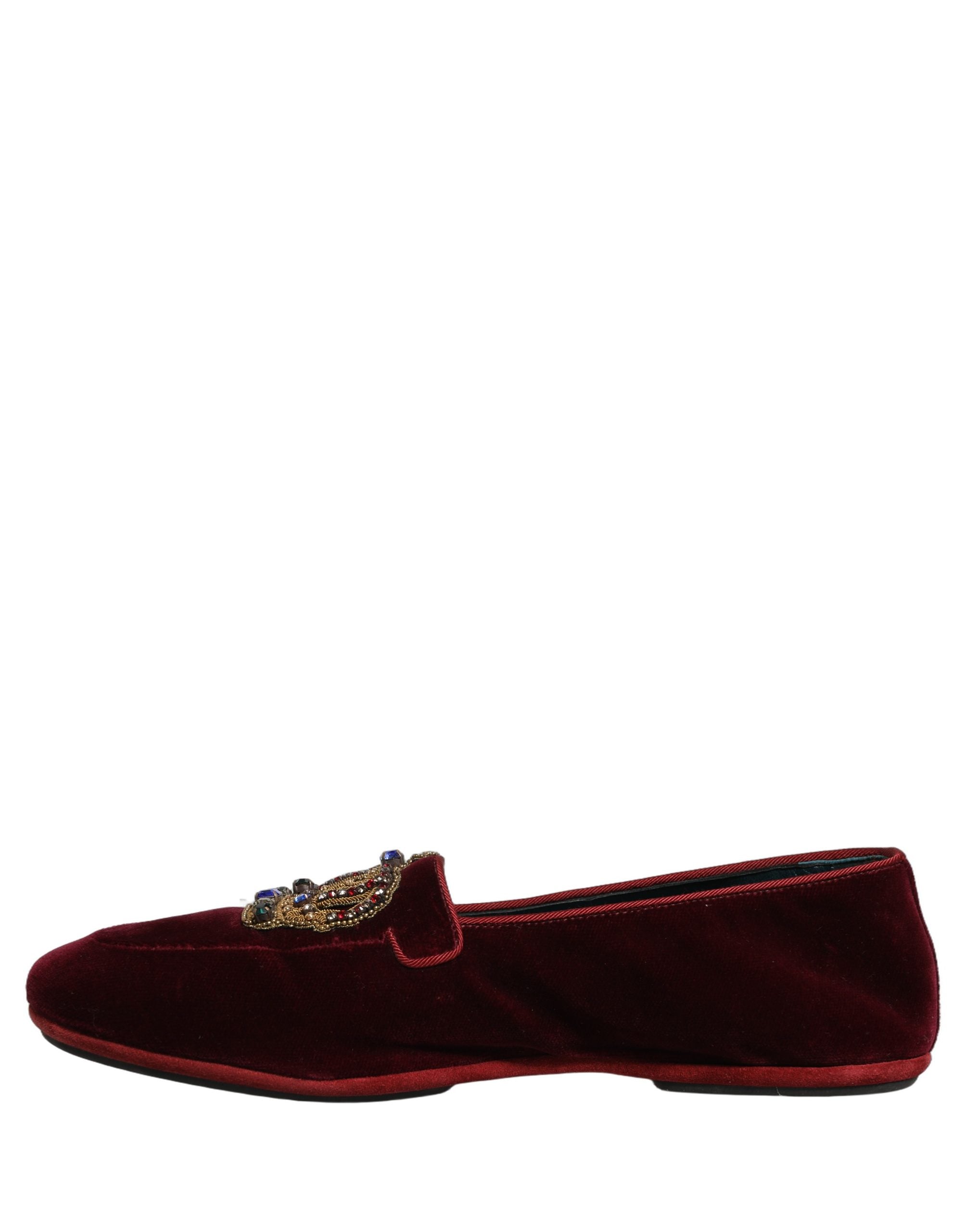 Dolce & Gabbana Burgundy Velvet Crown Slip On Loafers Men's Shoes