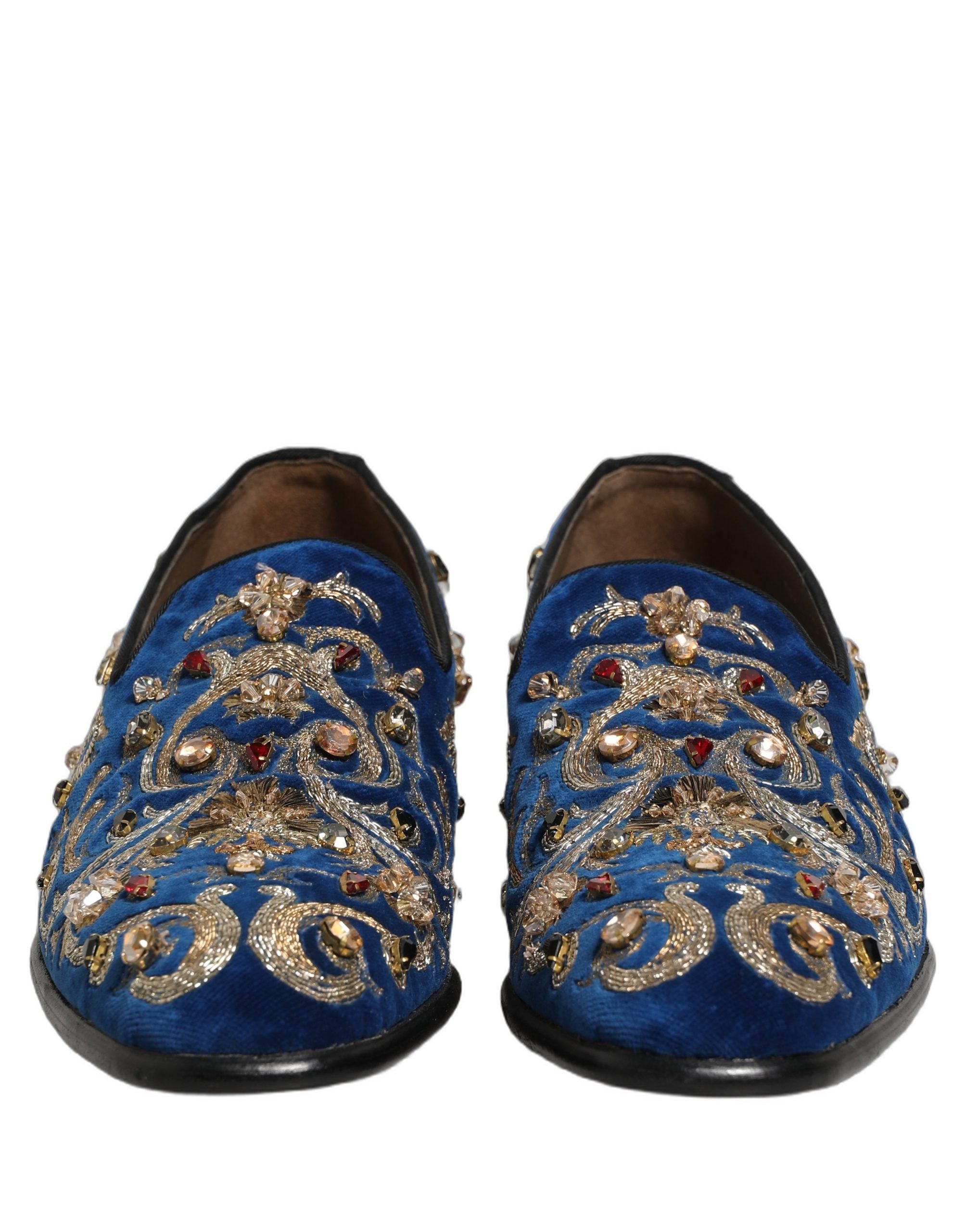 Dolce & Gabbana Blue Velvet Embellished Dress Loafers Men's Shoes