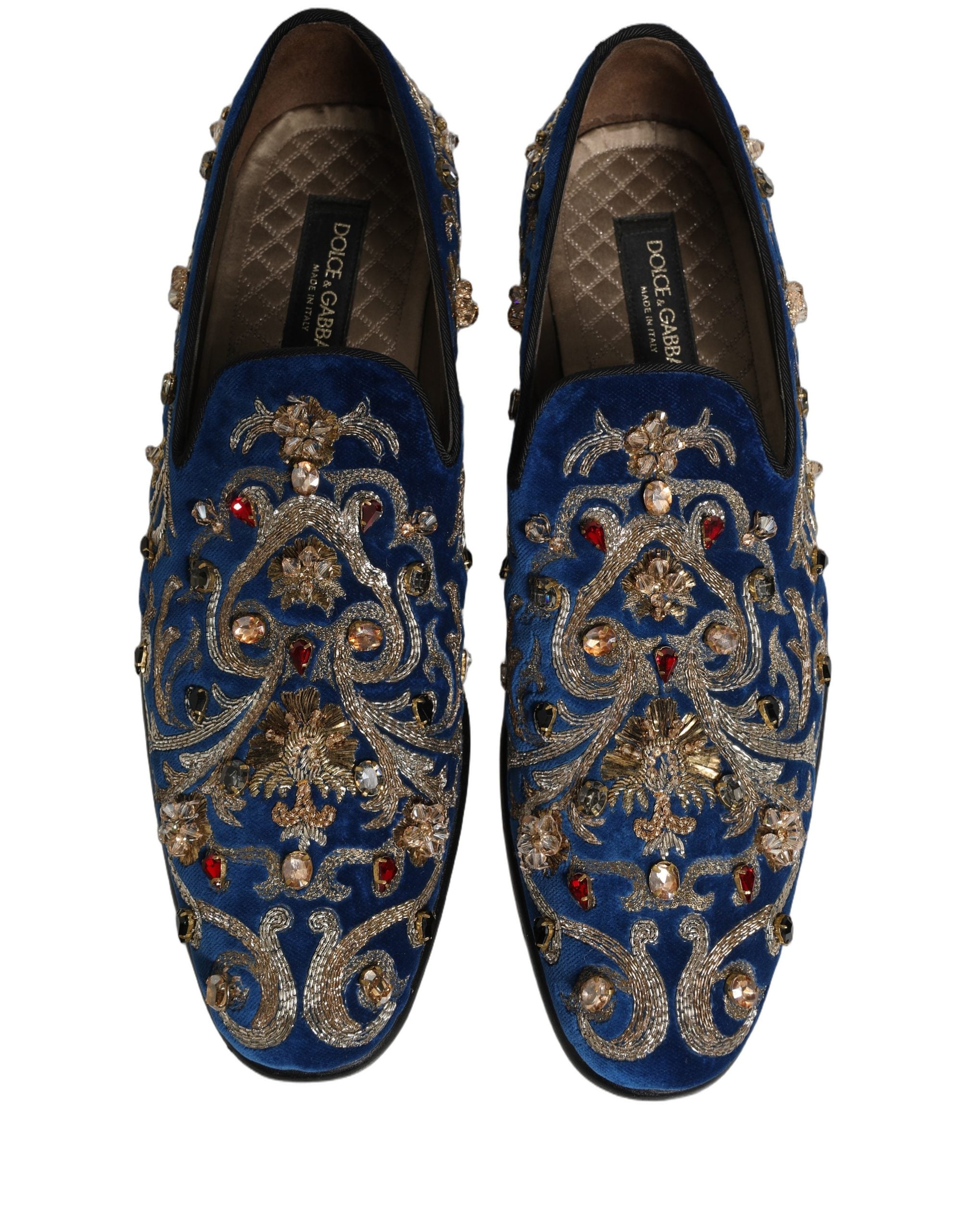 Dolce & Gabbana Blue Velvet Embellished Dress Loafers Men's Shoes