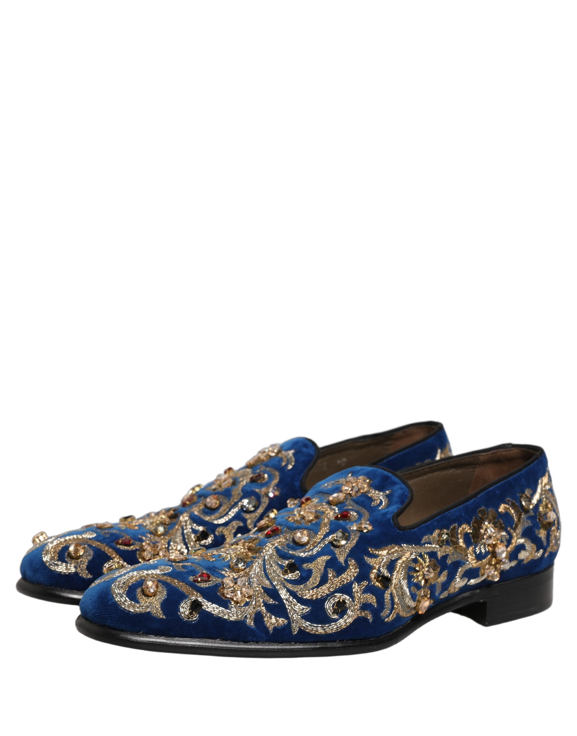 Dolce & Gabbana Blue Velvet Embellished Dress Loafers Men's Shoes