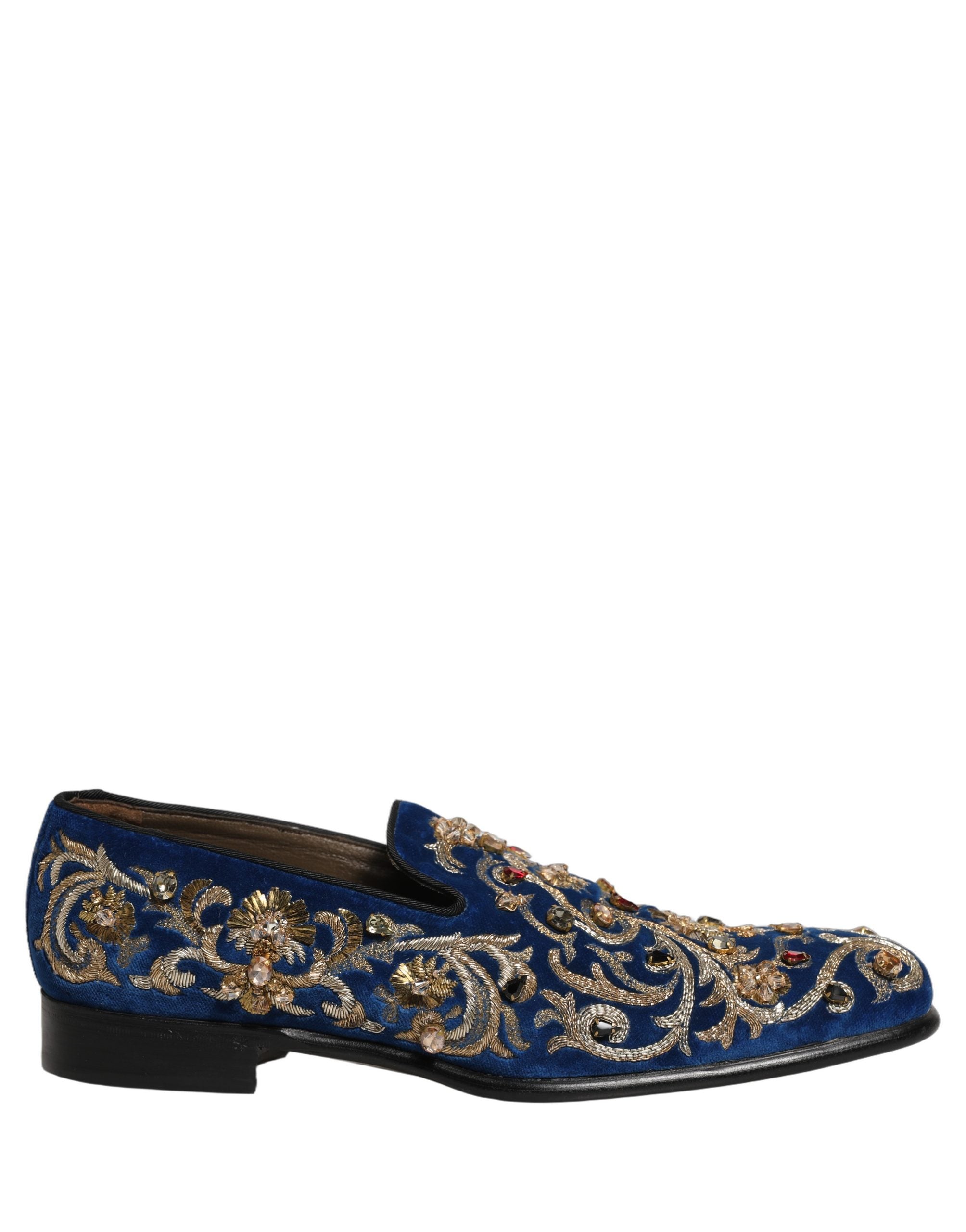 Dolce & Gabbana Blue Velvet Embellished Dress Loafers Men's Shoes