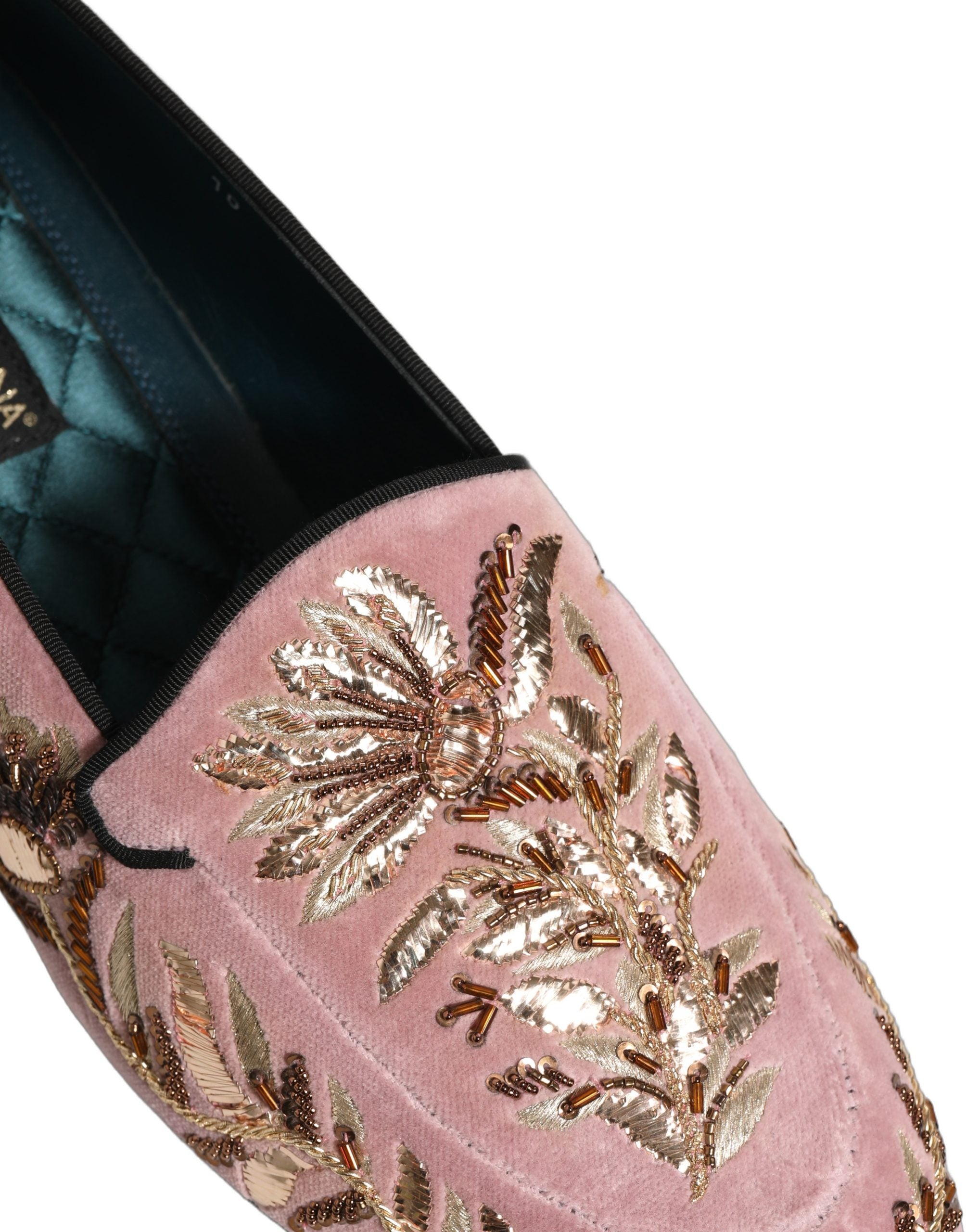 Dolce & Gabbana Pink Velvet Floral Embroidery Loafers Men's Shoes
