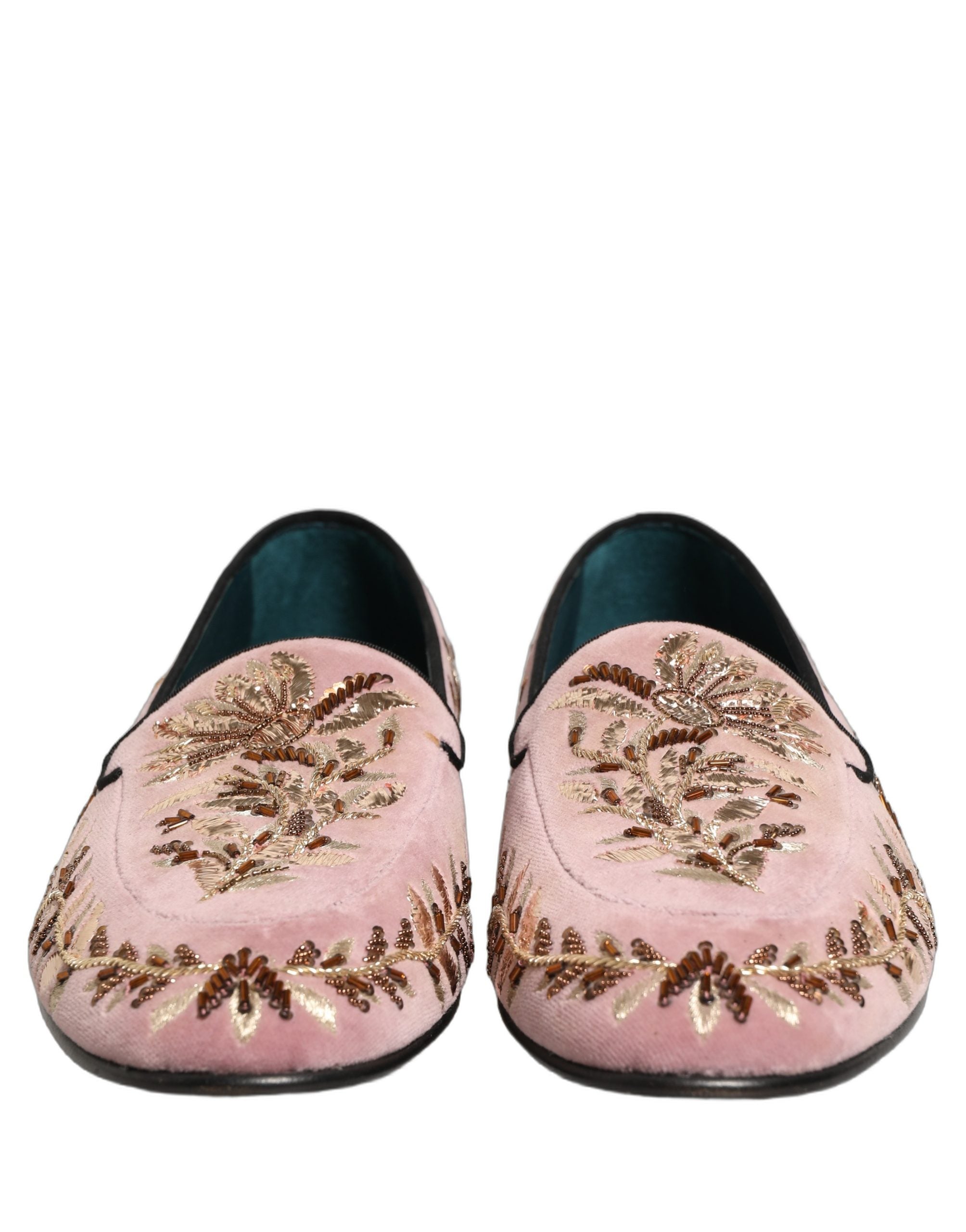 Dolce & Gabbana Pink Velvet Floral Embroidery Loafers Men's Shoes