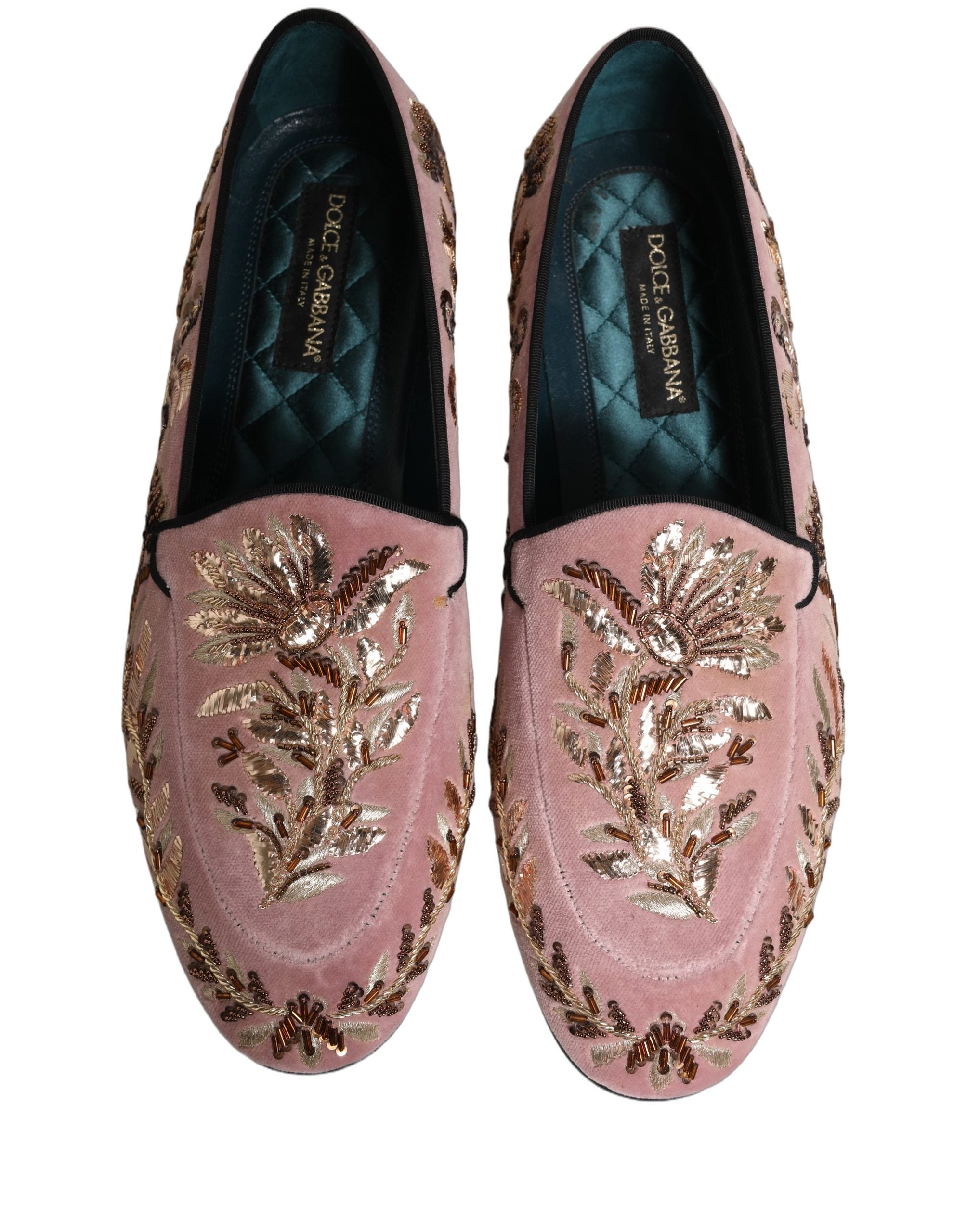 Dolce & Gabbana Pink Velvet Floral Embroidery Loafers Men's Shoes