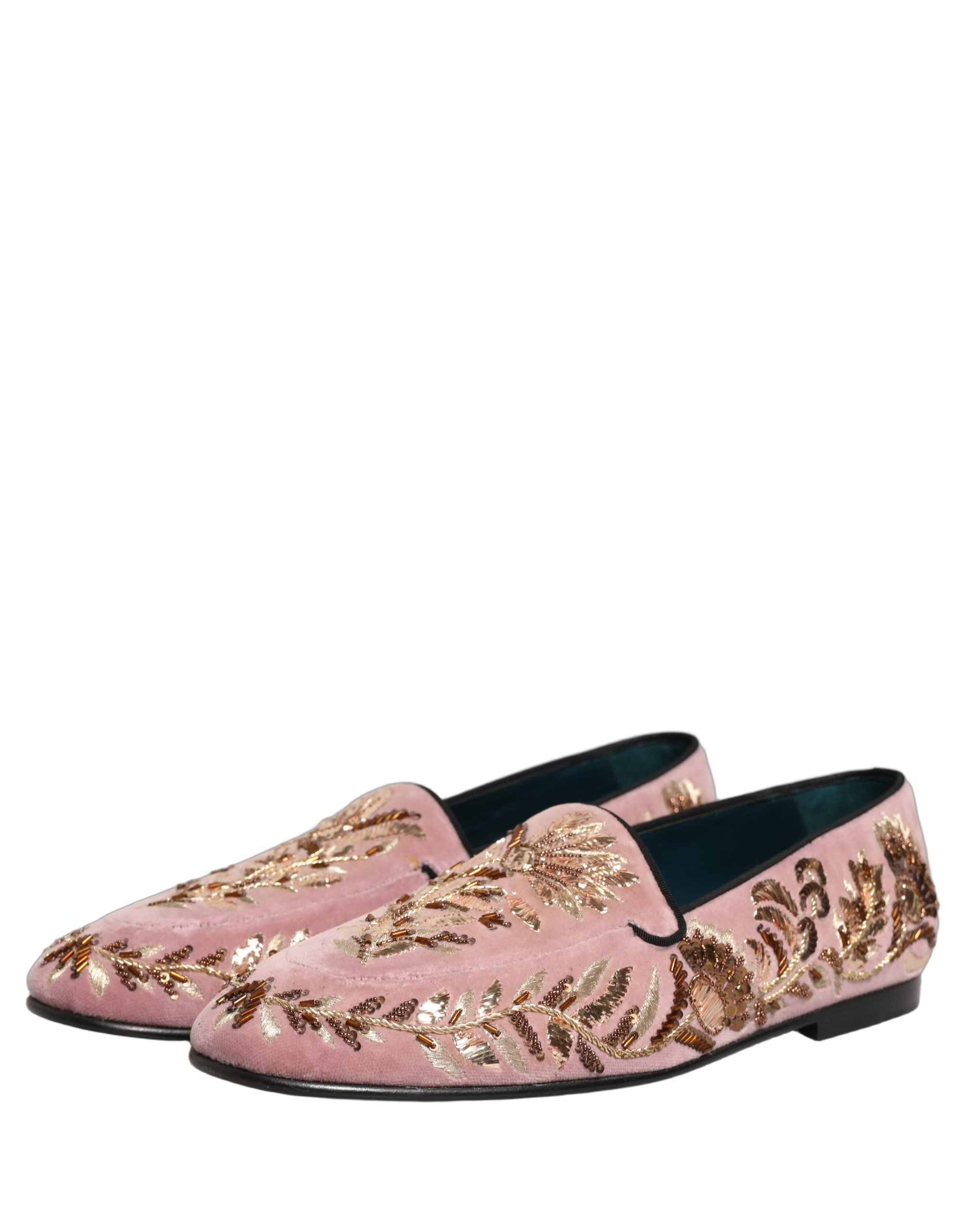 Dolce & Gabbana Pink Velvet Floral Embroidery Loafers Men's Shoes