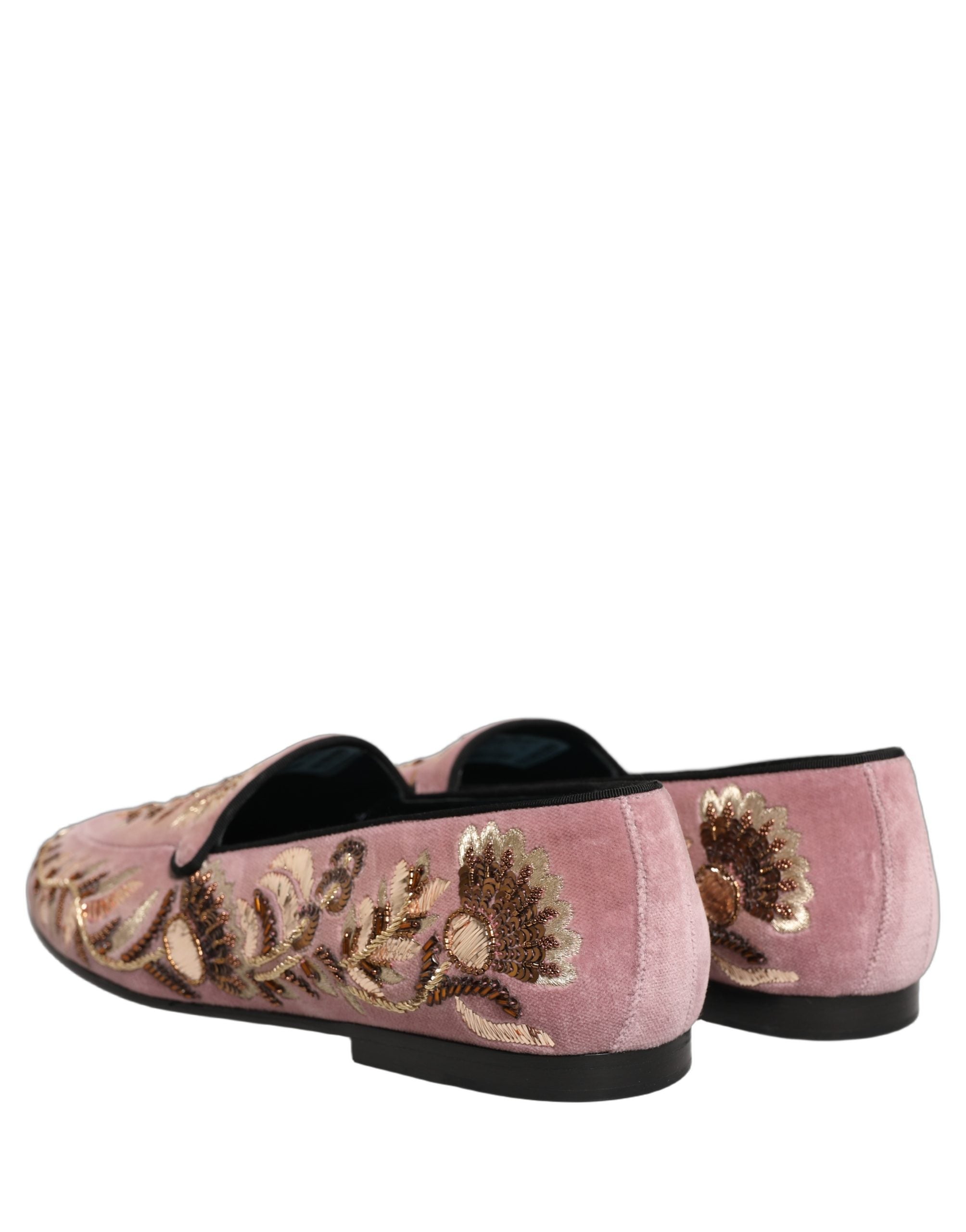 Dolce & Gabbana Pink Velvet Floral Embroidery Loafers Men's Shoes