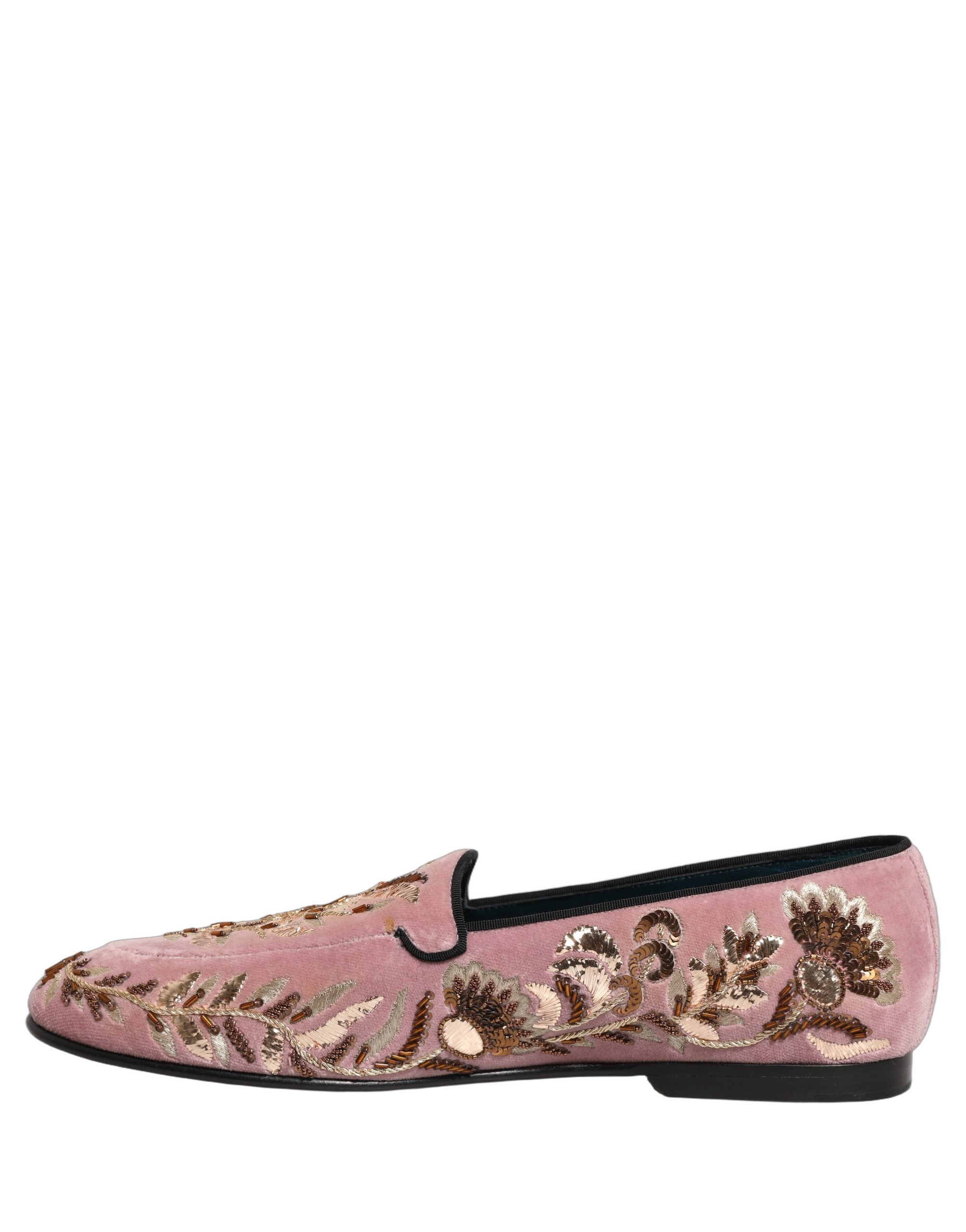 Dolce & Gabbana Pink Velvet Floral Embroidery Loafers Men's Shoes