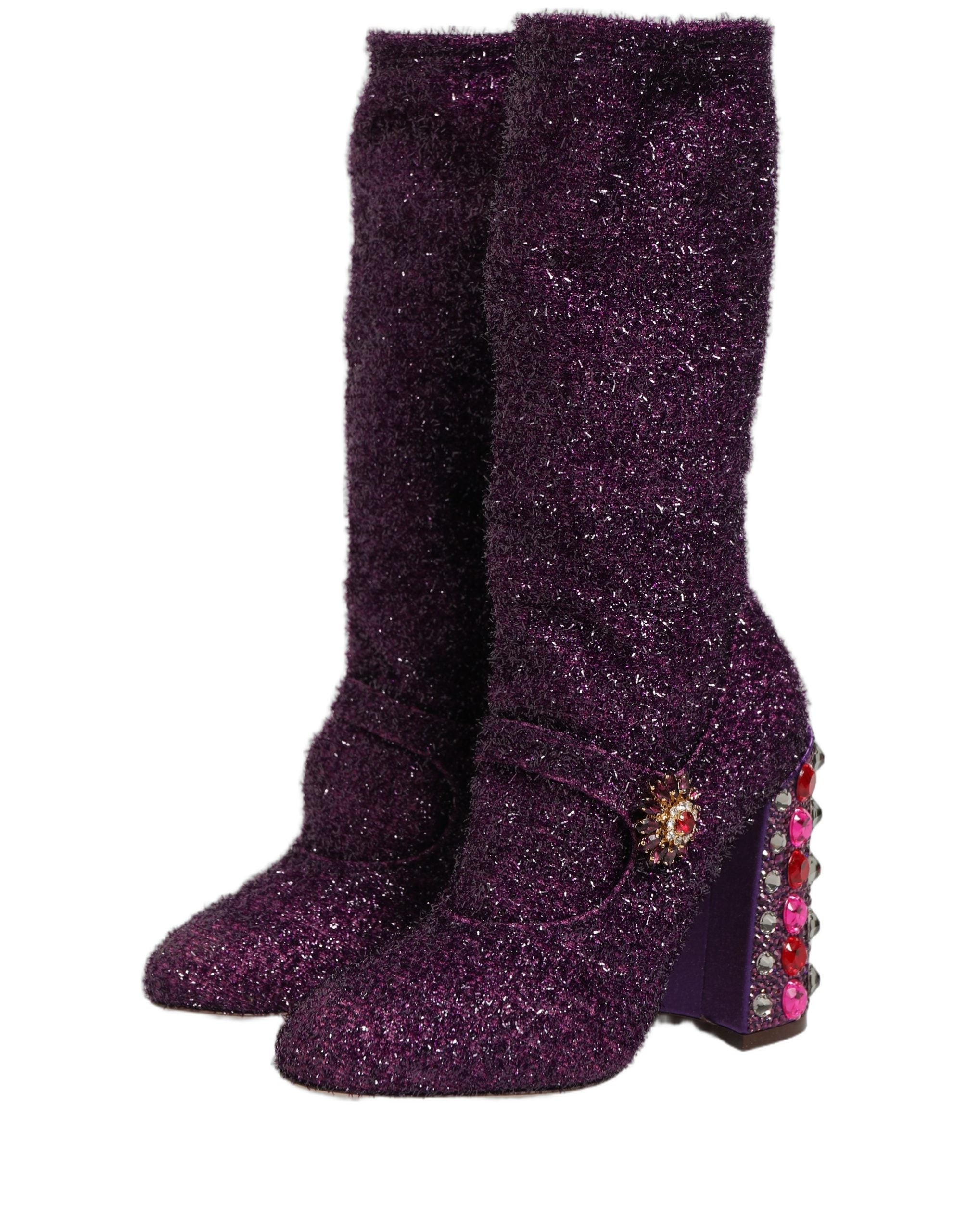 Dolce & Gabbana Purple Crystal Lurex Fantasy High Boots Women's Shoes