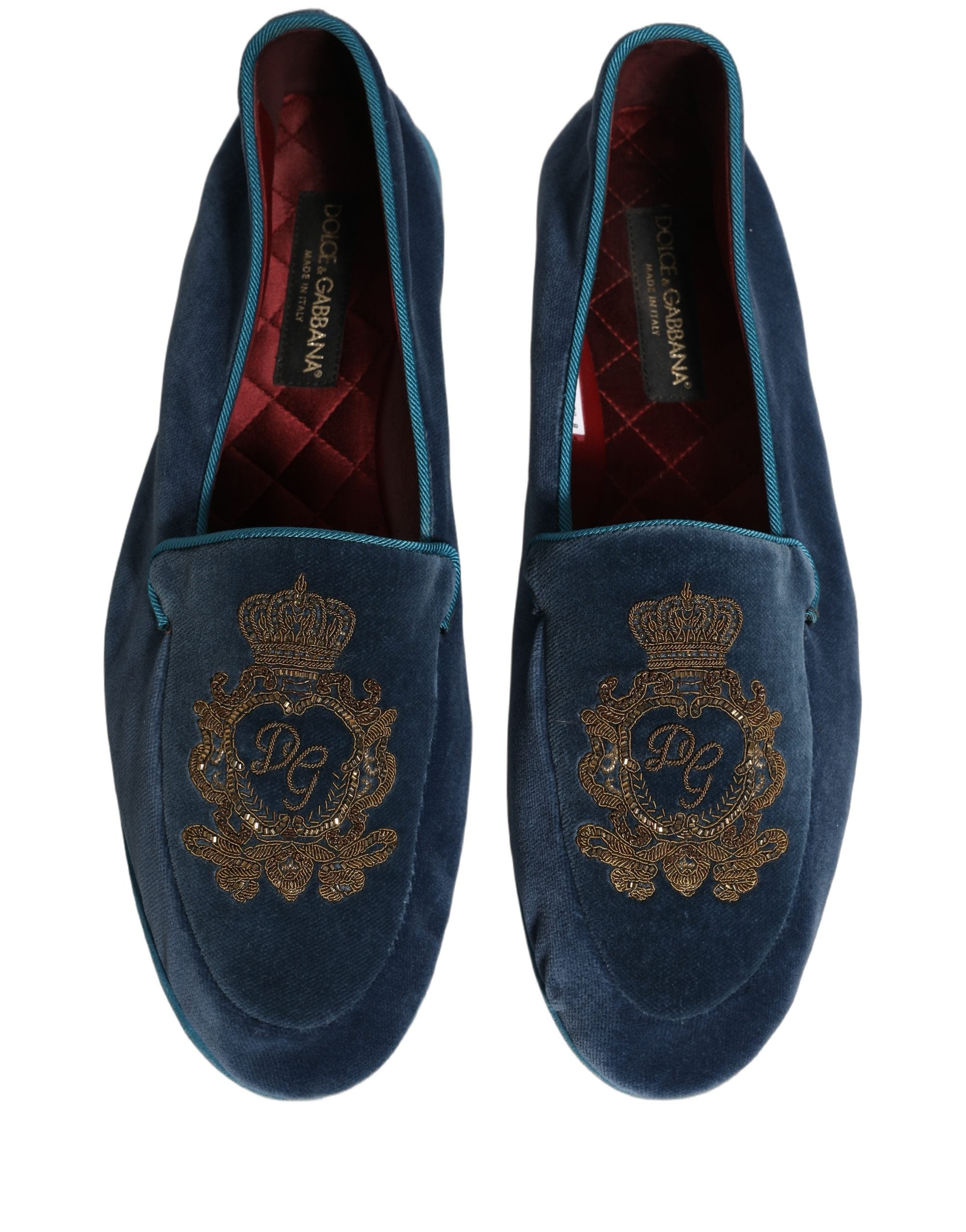 Dolce & Gabbana Blue Velvet Crown Embroidery Loafers Men's Shoes