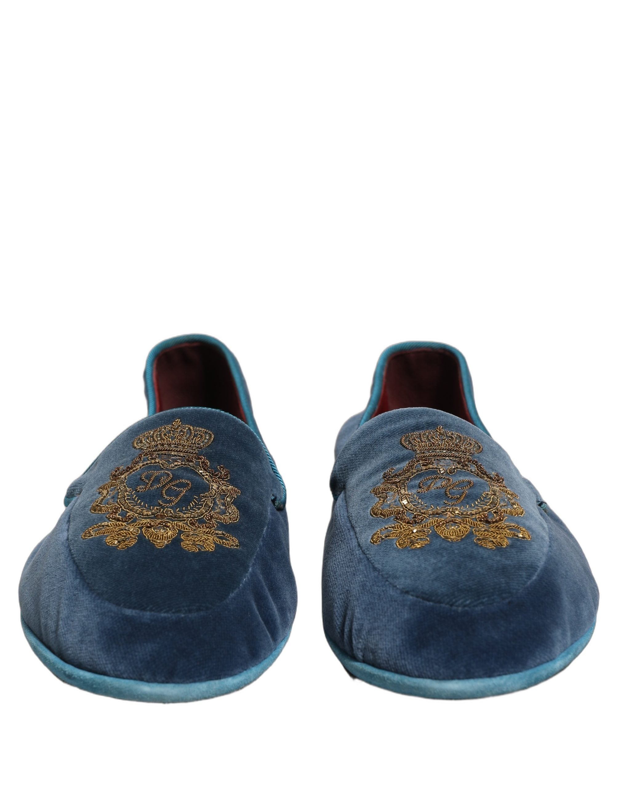 Dolce & Gabbana Blue Velvet Crown Embroidery Loafers Men's Shoes