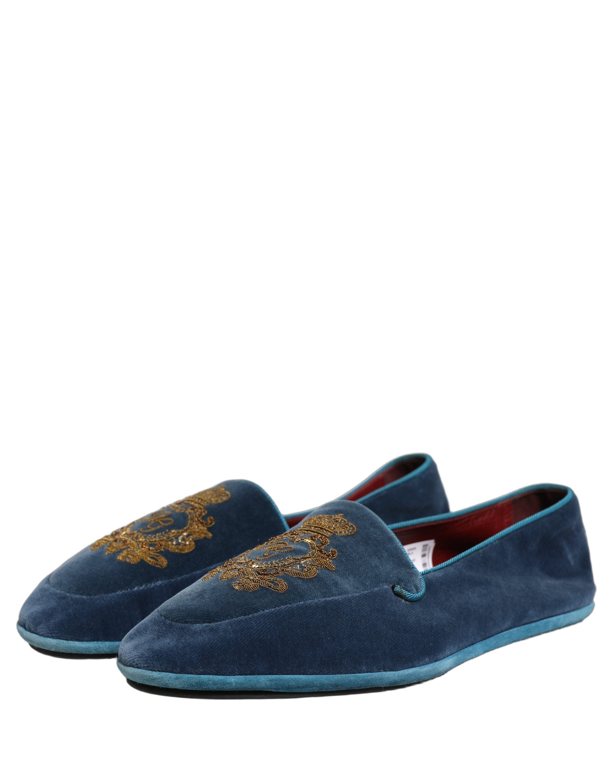 Dolce & Gabbana Blue Velvet Crown Embroidery Loafers Men's Shoes