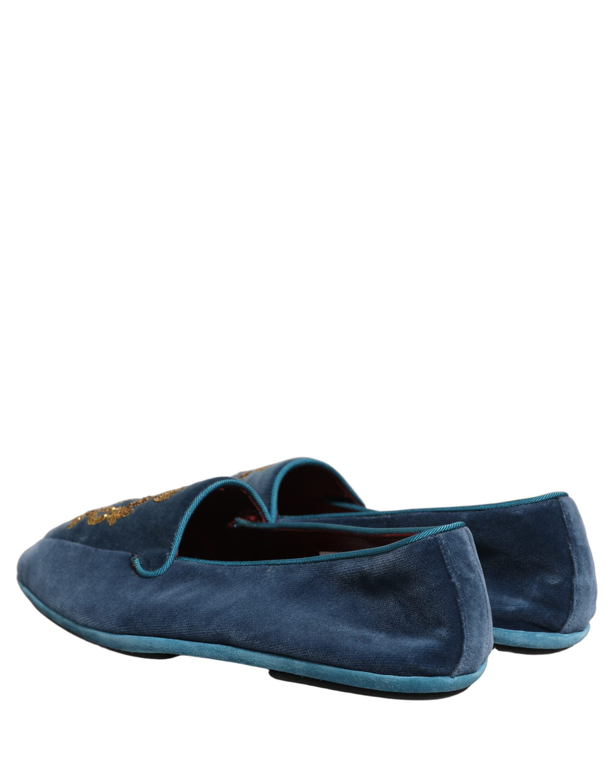 Dolce & Gabbana Blue Velvet Crown Embroidery Loafers Men's Shoes