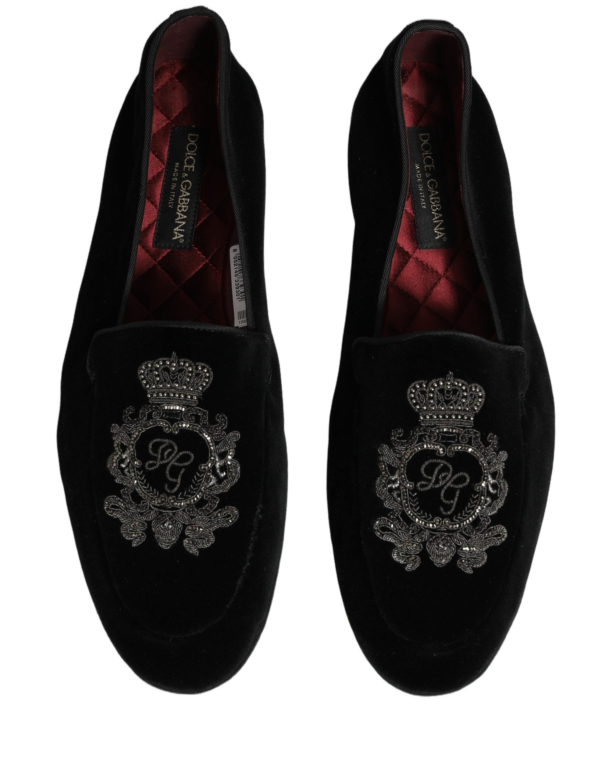 Dolce & Gabbana Black Velvet Crown Embroidery Loafers Men's Shoes