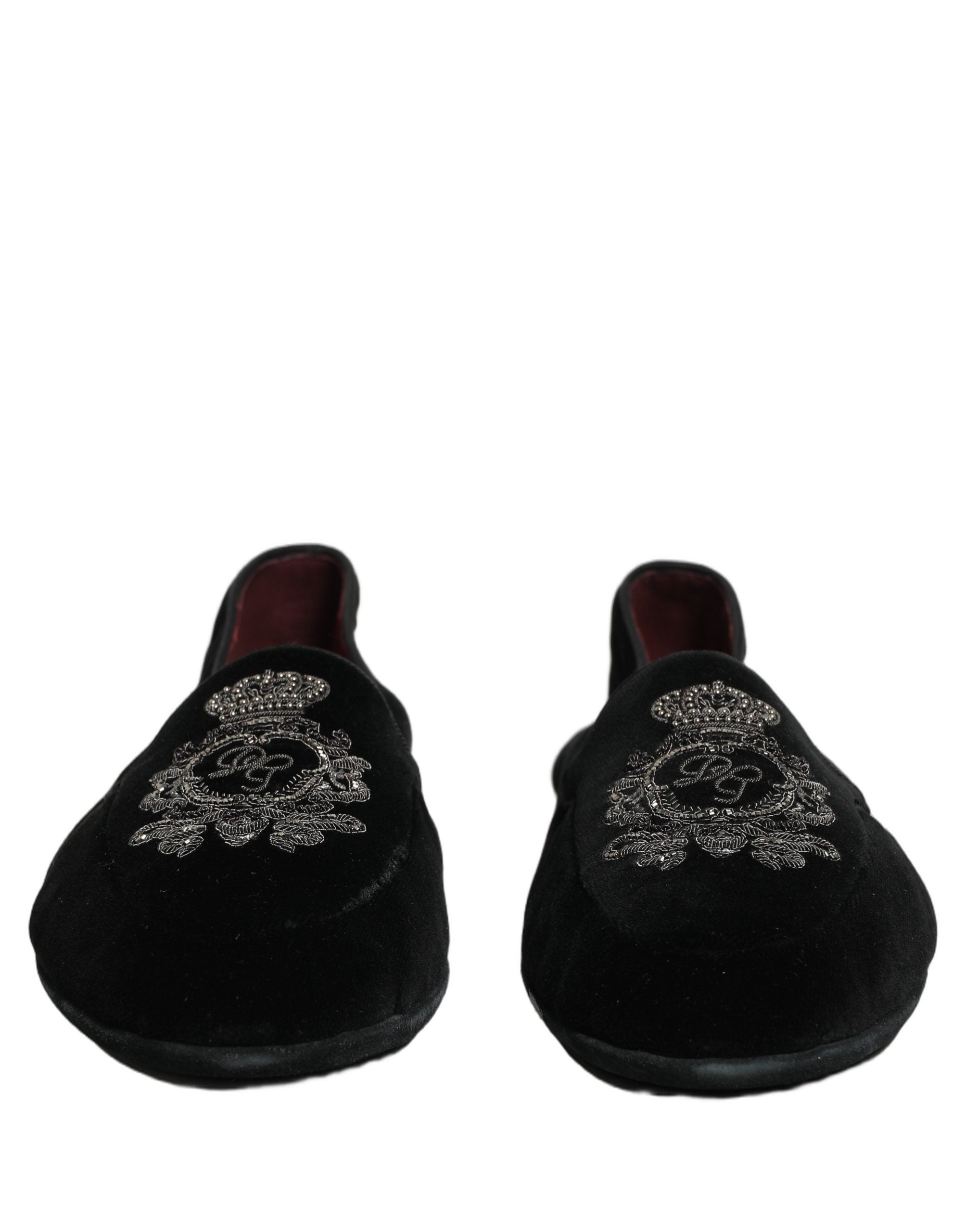 Dolce & Gabbana Black Velvet Crown Embroidery Loafers Men's Shoes