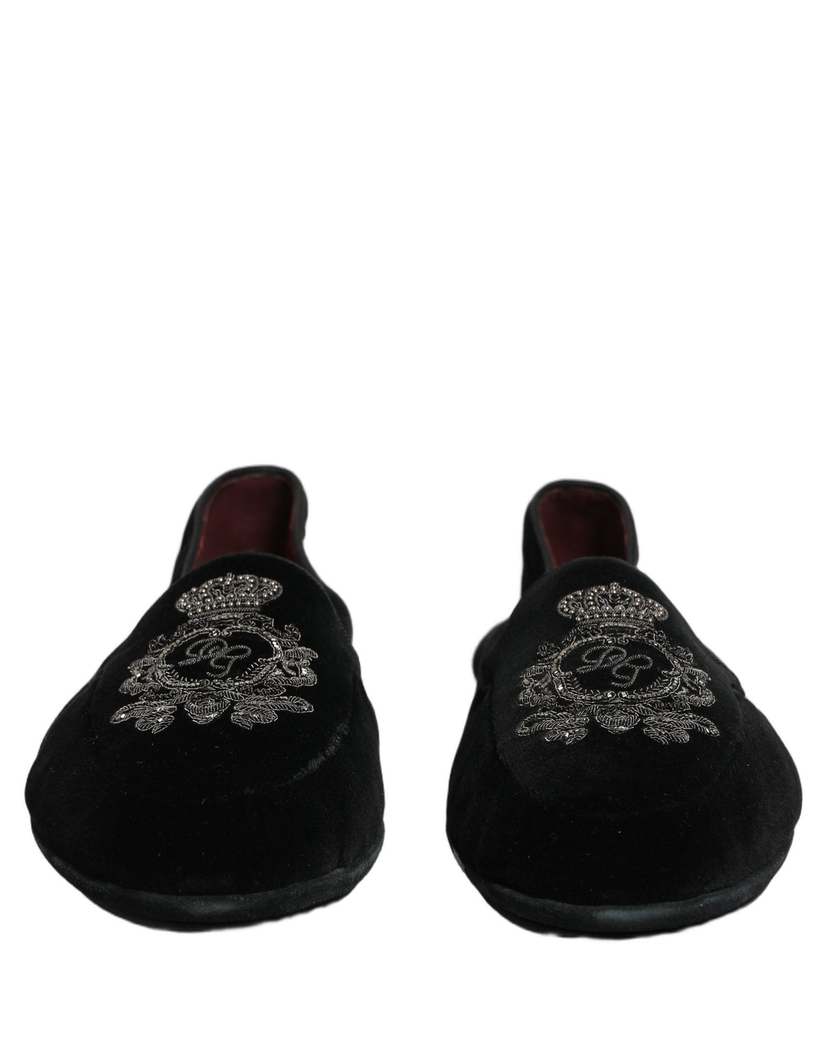 Dolce & Gabbana Black Velvet Crown Embroidery Loafers Men's Shoes