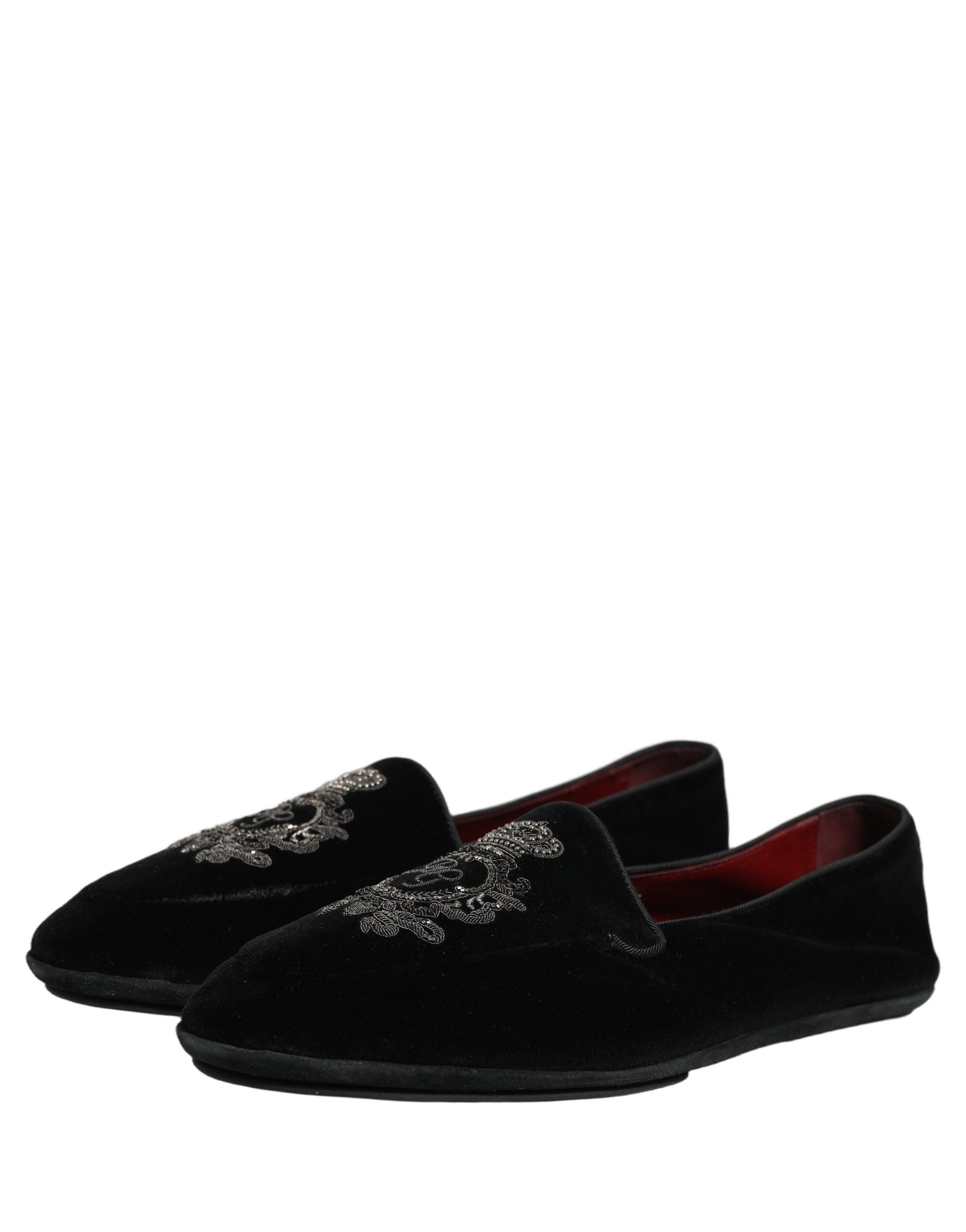 Dolce & Gabbana Black Velvet Crown Embroidery Loafers Men's Shoes