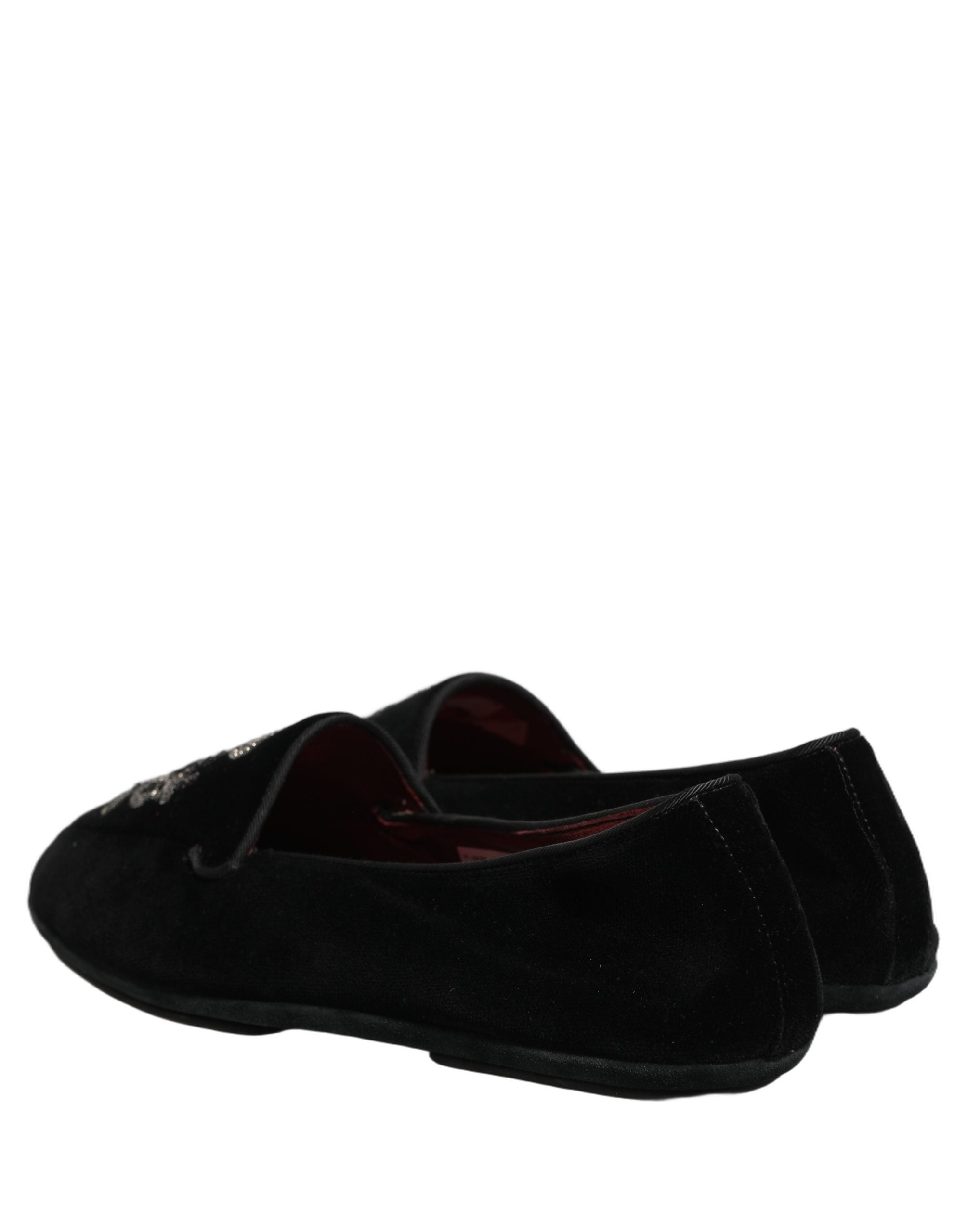 Dolce & Gabbana Black Velvet Crown Embroidery Loafers Men's Shoes