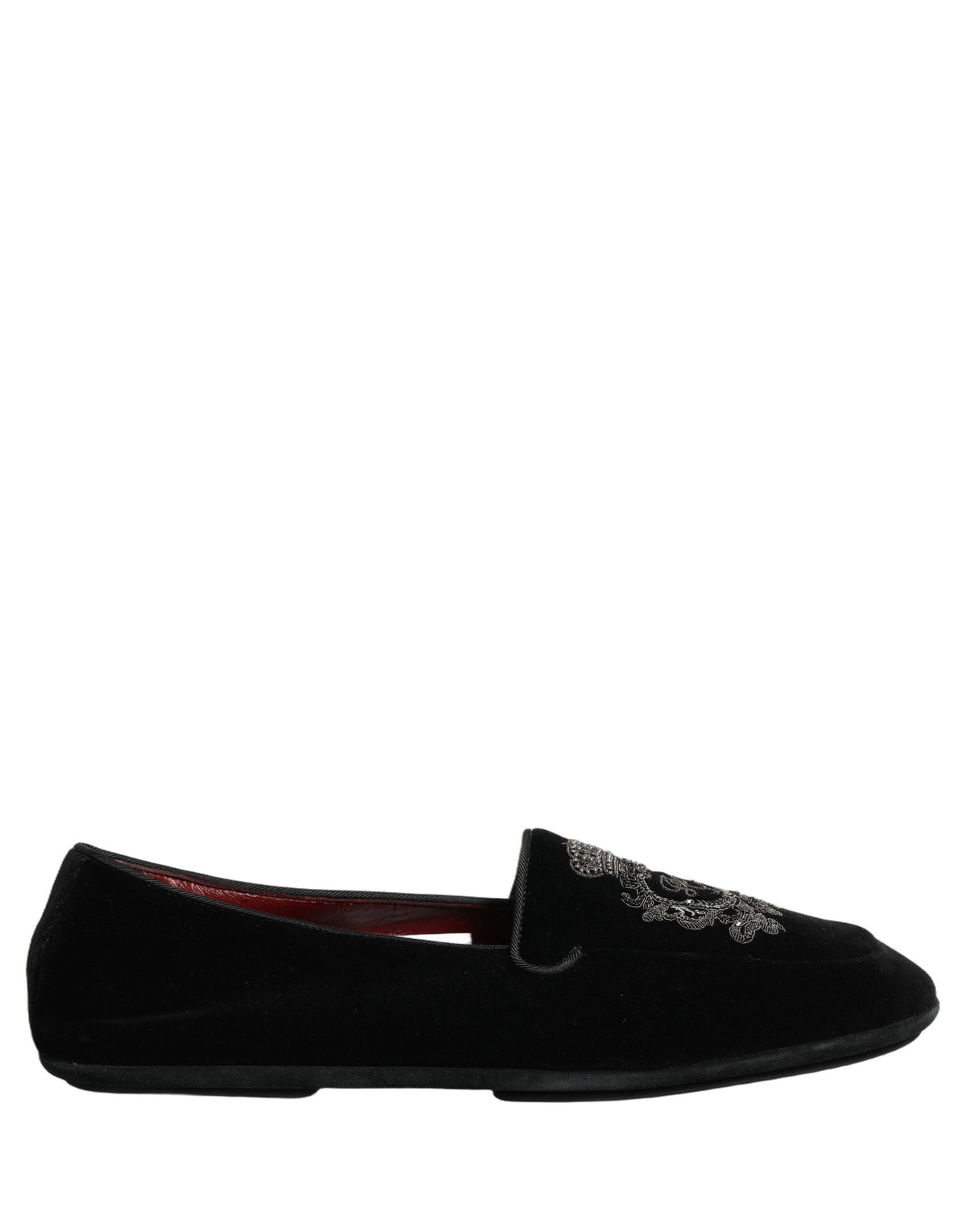 Dolce & Gabbana Black Velvet Crown Embroidery Loafers Men's Shoes