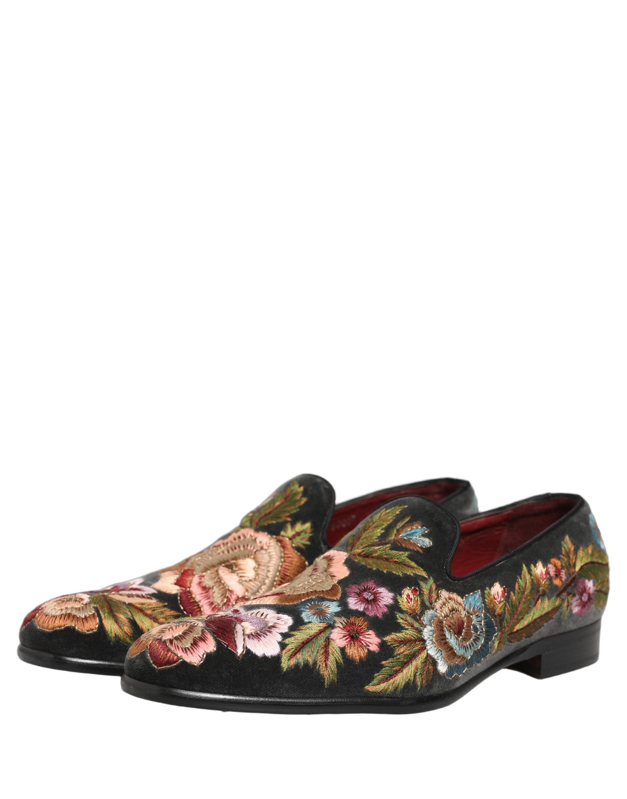 Dolce & Gabbana Black Velvet Floral Embroidery Loafers Men's Shoes (Pre-Owned)