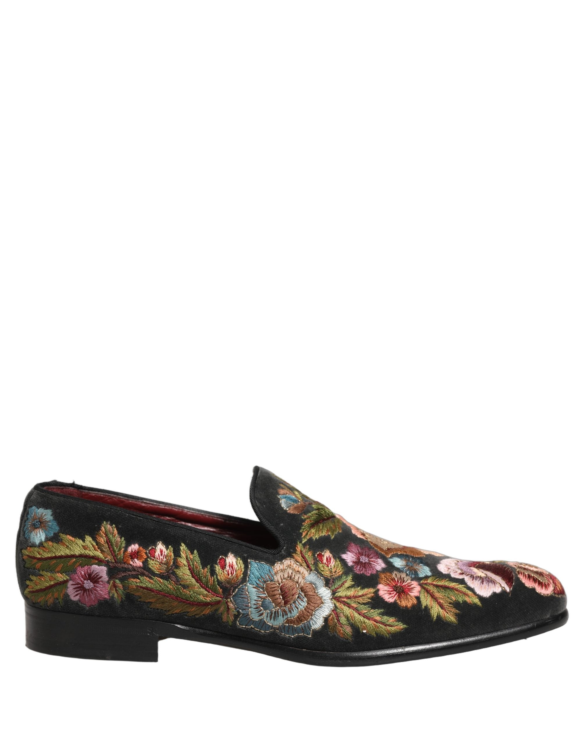Dolce & Gabbana Black Velvet Floral Embroidery Loafers Men's Shoes (Pre-Owned)