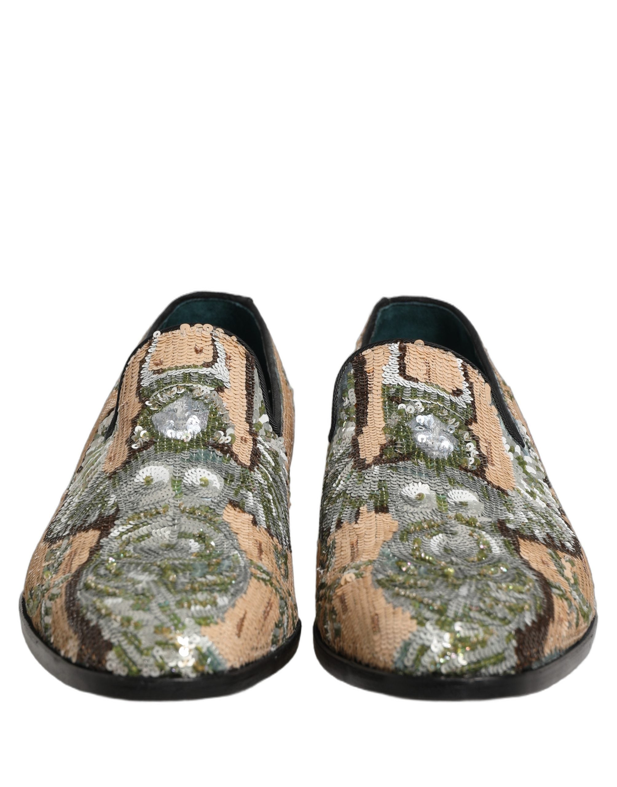 Dolce & Gabbana Beige Sequin Embroidery Dress Loafers Men's Shoes