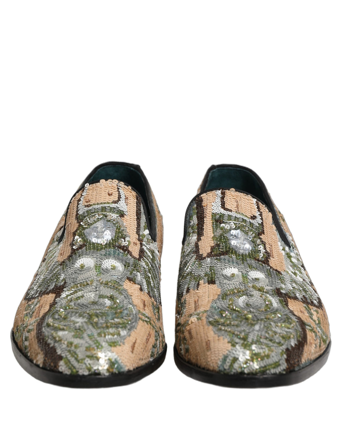 Dolce & Gabbana Beige Sequin Embroidery Dress Loafers Men's Shoes