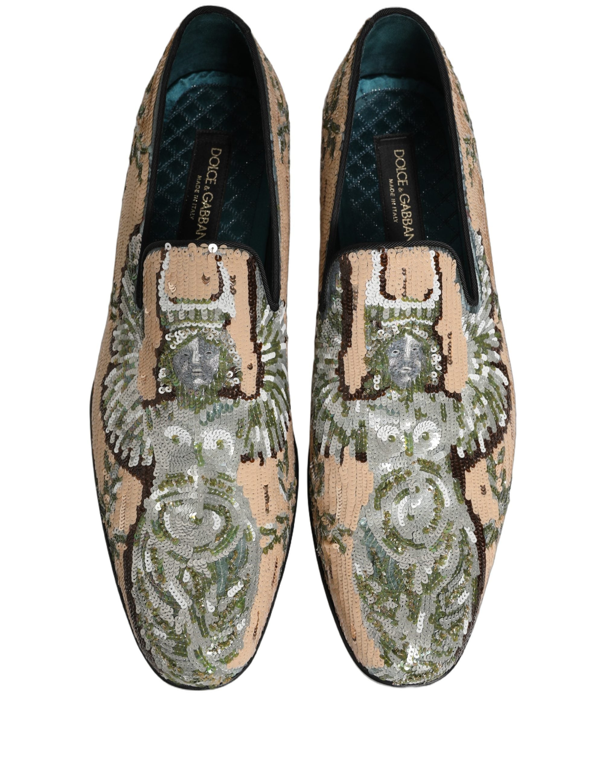 Dolce & Gabbana Beige Sequin Embroidery Dress Loafers Men's Shoes