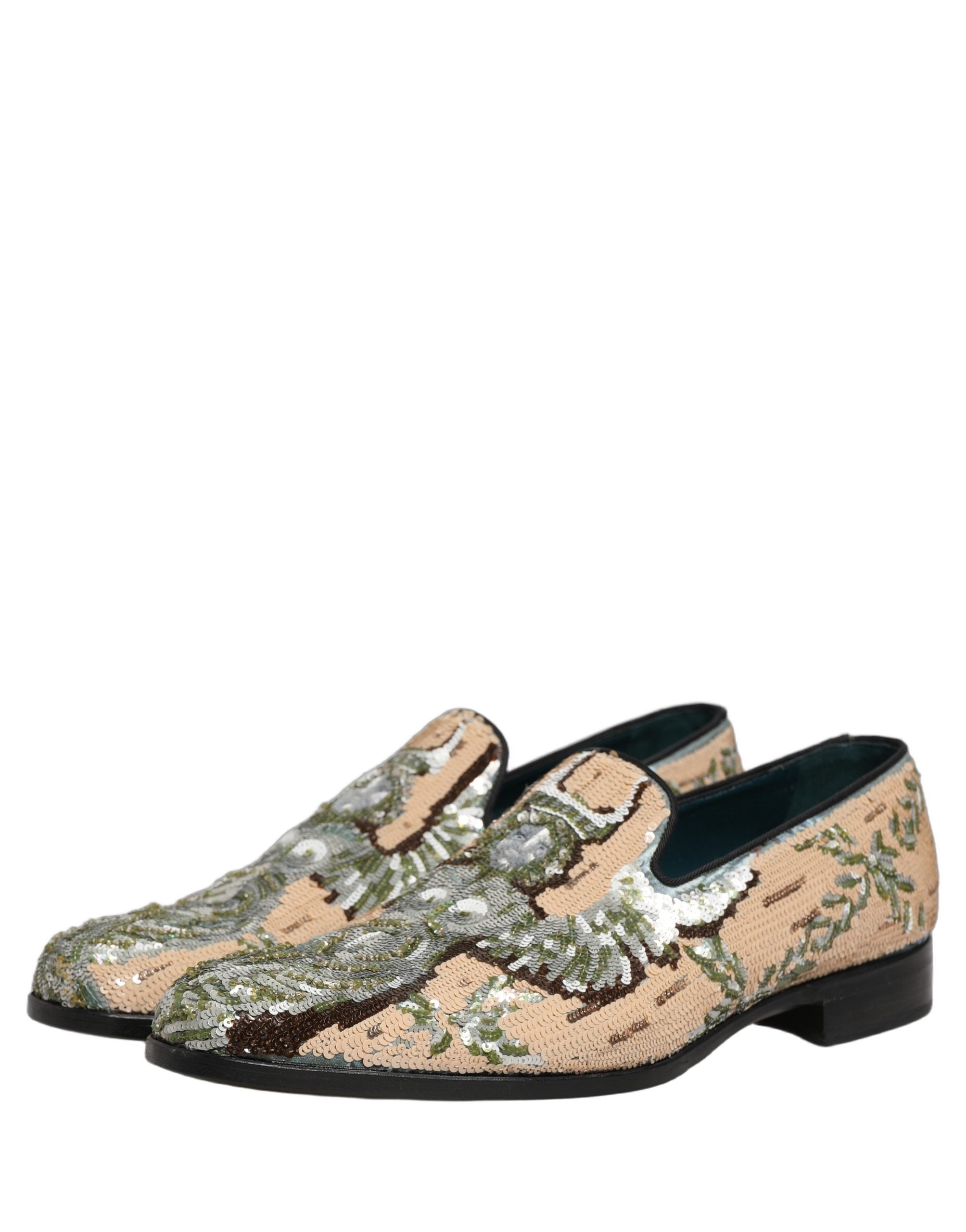 Dolce & Gabbana Beige Sequin Embroidery Dress Loafers Men's Shoes