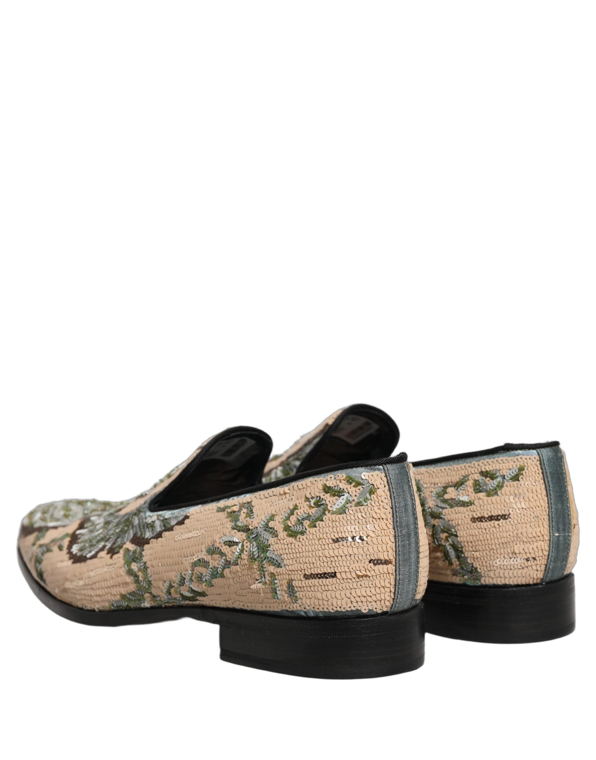 Dolce & Gabbana Beige Sequin Embroidery Dress Loafers Men's Shoes