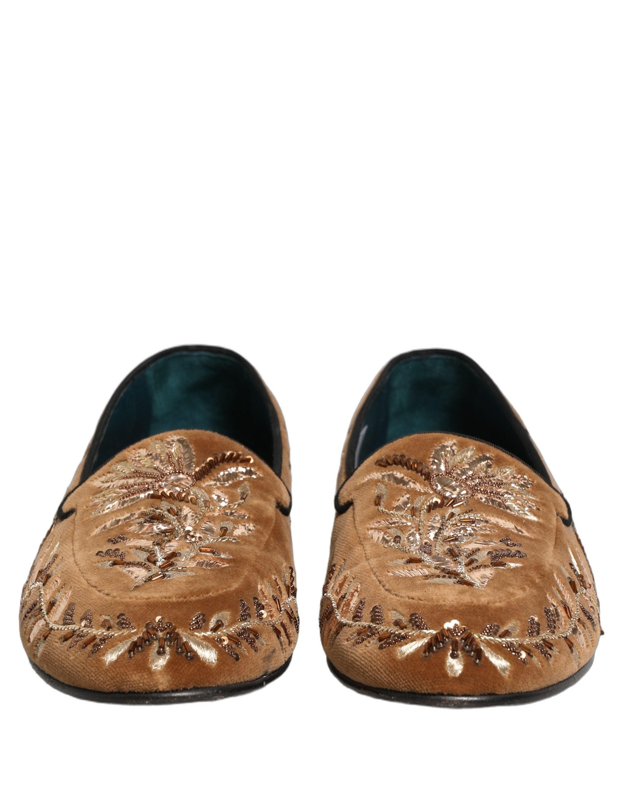 Dolce & Gabbana Brown Velvet Floral Embroidery Loafers Men's Shoes (Pre-Owned)