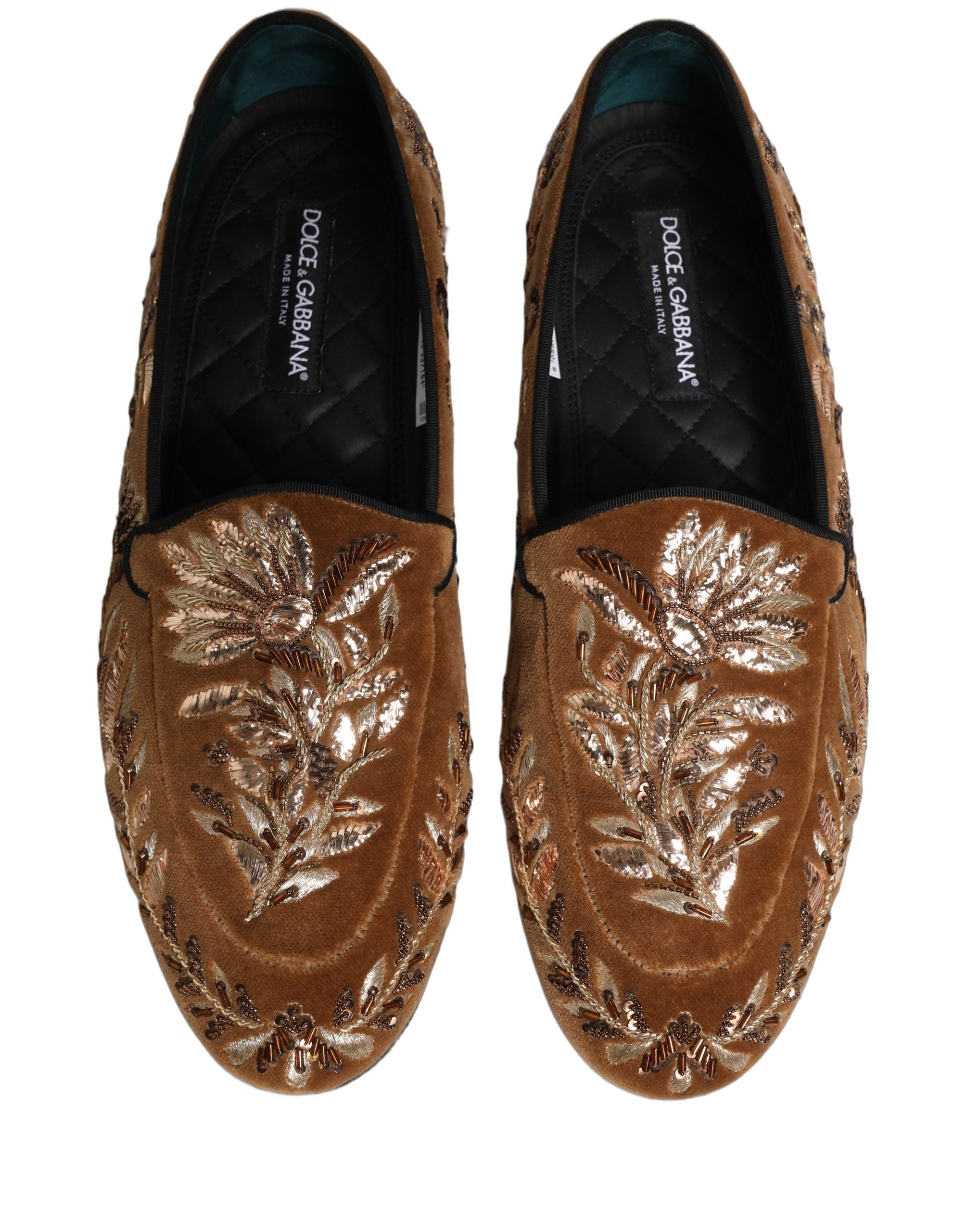 Dolce & Gabbana Brown Velvet Floral Embroidery Loafers Men's Shoes (Pre-Owned)