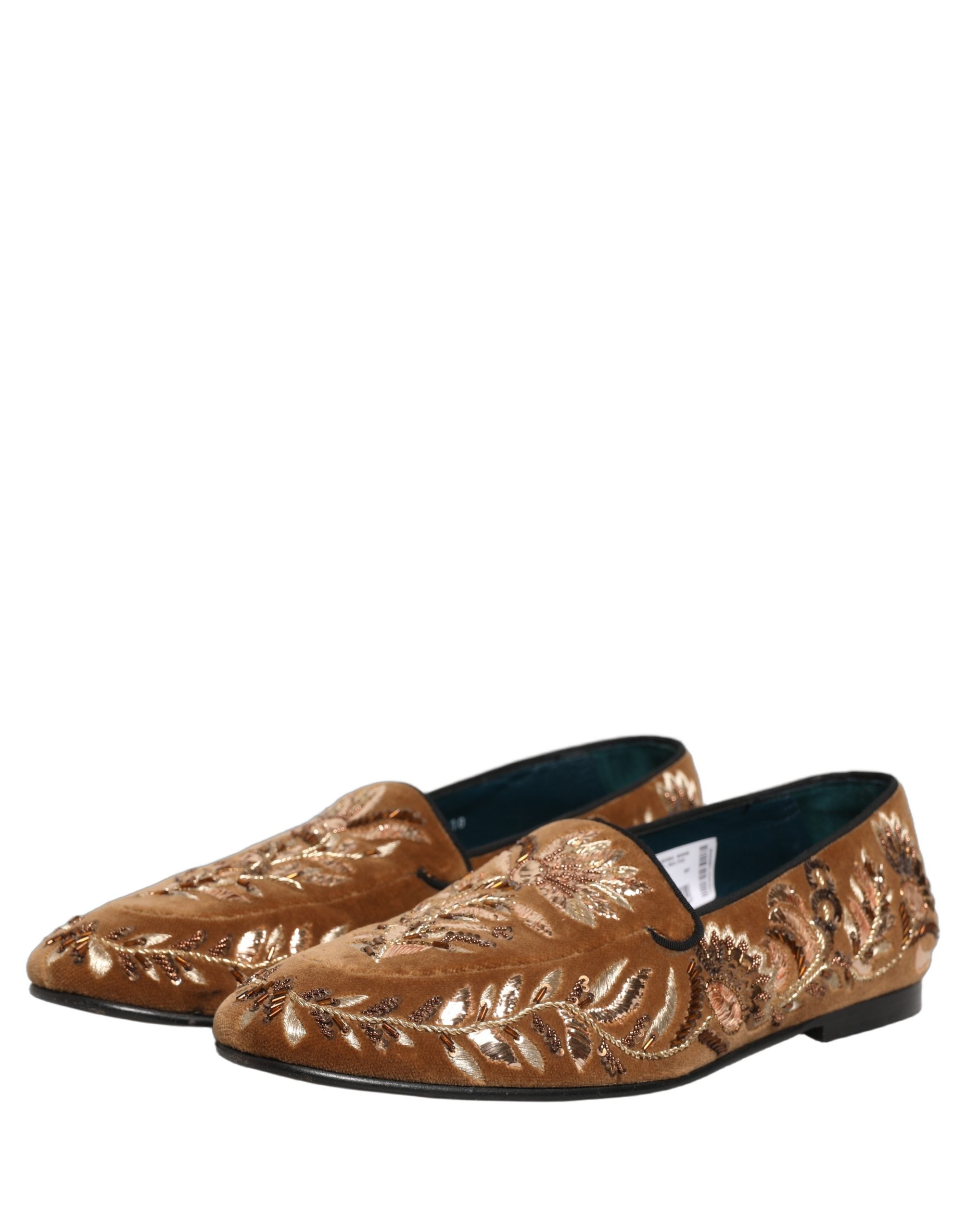 Dolce & Gabbana Brown Velvet Floral Embroidery Loafers Men's Shoes (Pre-Owned)